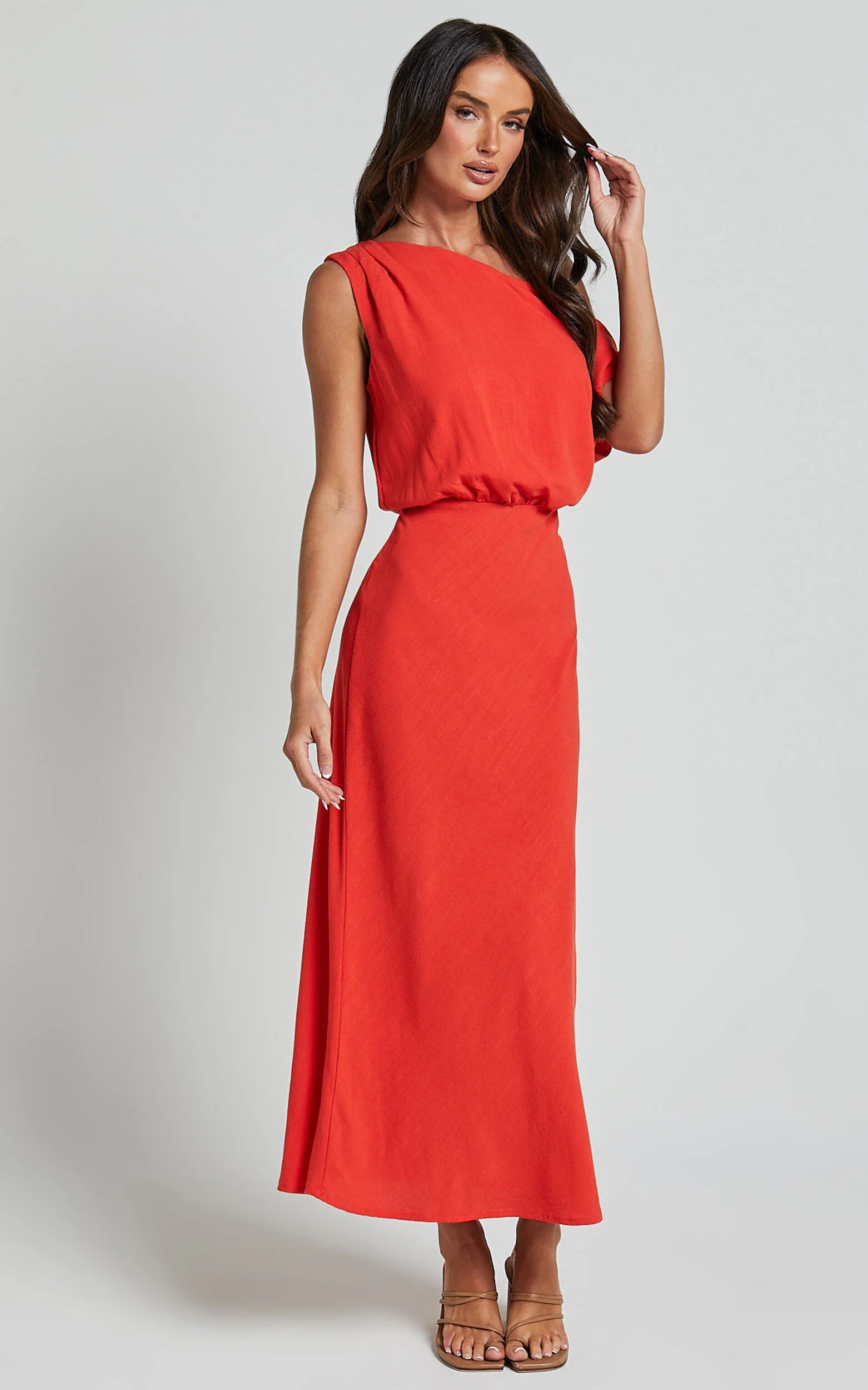 Jacqueline Midi Dress - Linen One Shoulder Dress in Sunset