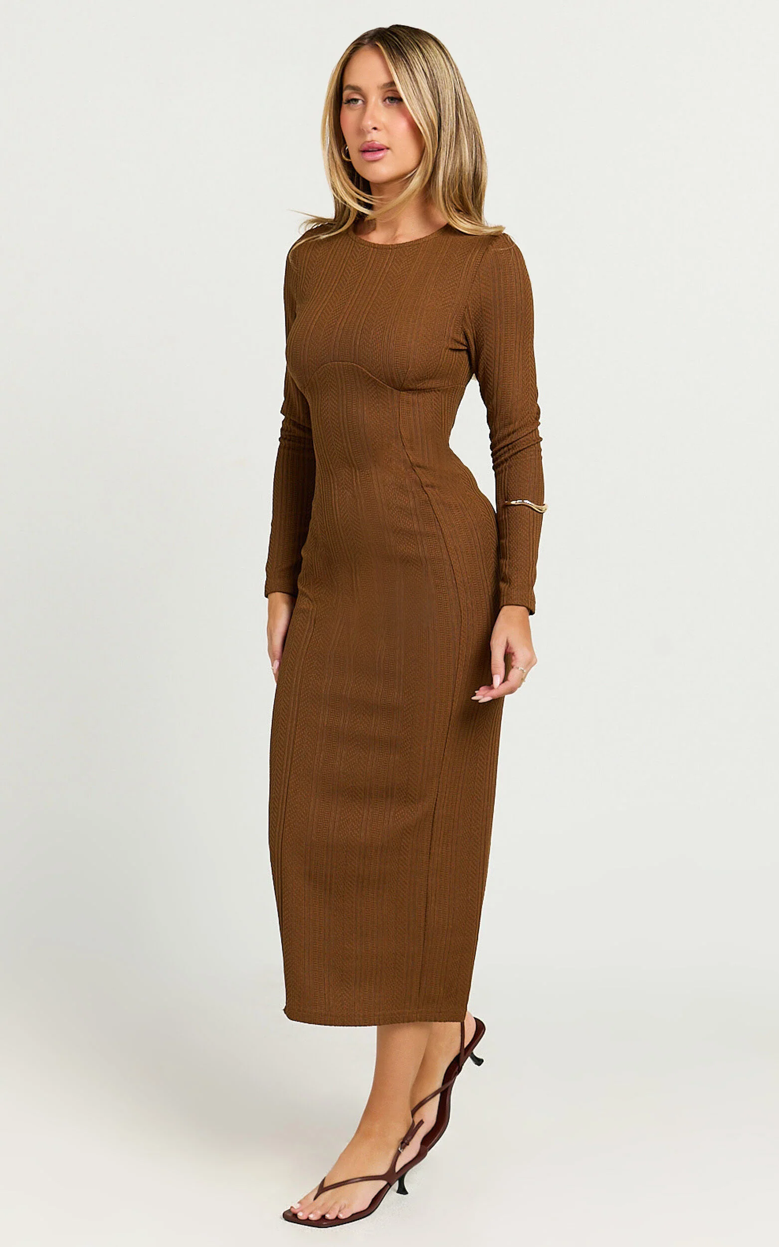 Divina Midi Dress - Long Sleeve A Line Knit Dress in Brown