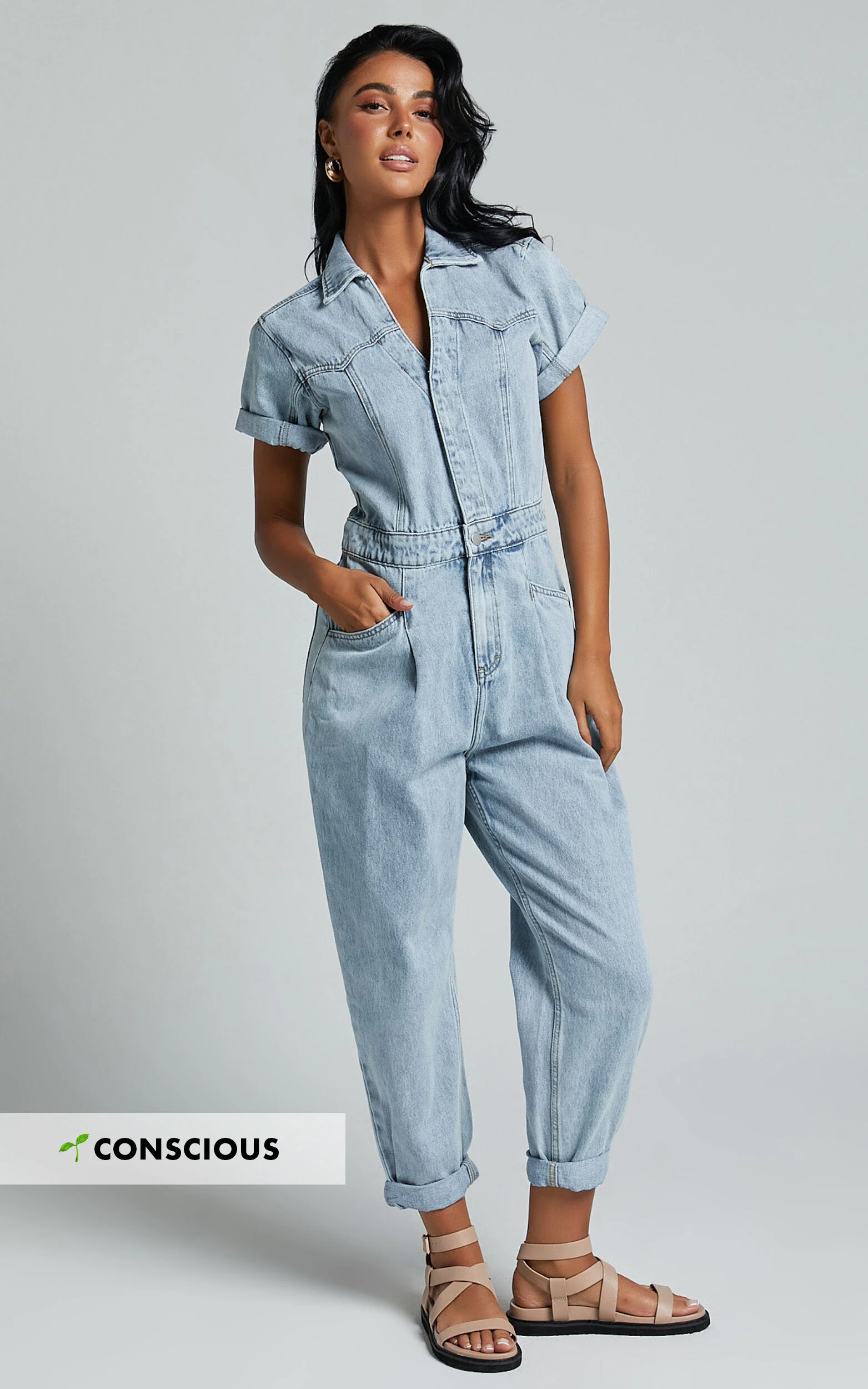 Jordyn Jumpsuit - Short Sleeve Collared Button Through Denim Jumpsuit in Light Blue