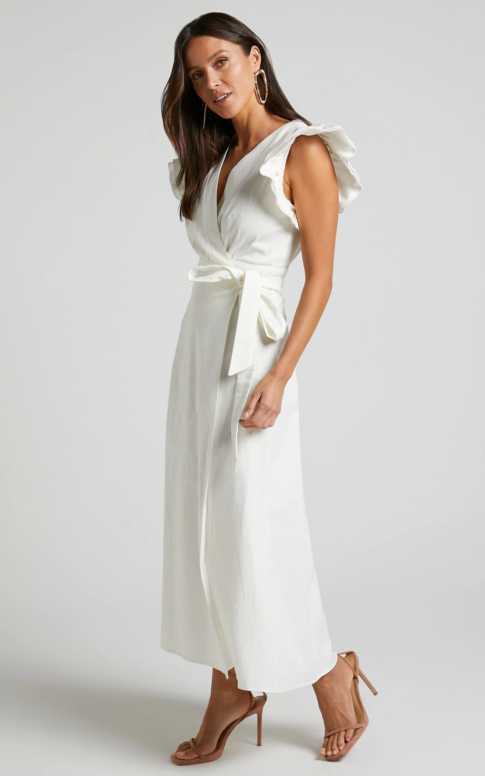 Amalie The Label - Palmer Linen Blend Frill Sleeve Wrap Dress in White