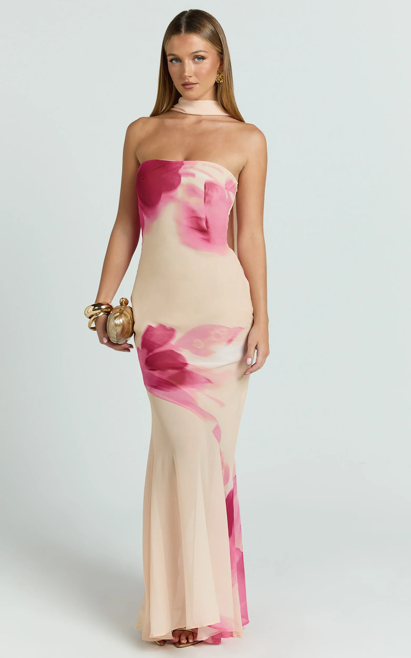 Angie Maxi Dress - Strapless Bias Column Dress with Scarf in Electric Bloom Lemon