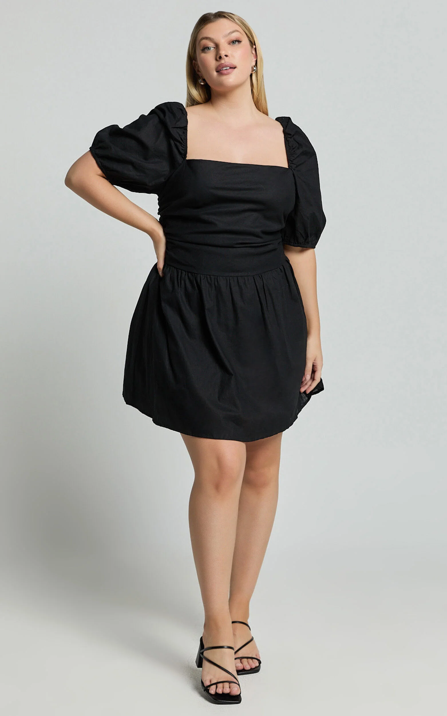 Claudina Mini Dress - Linen Look Puff Sleeve Ruched Bodice Dress in Black