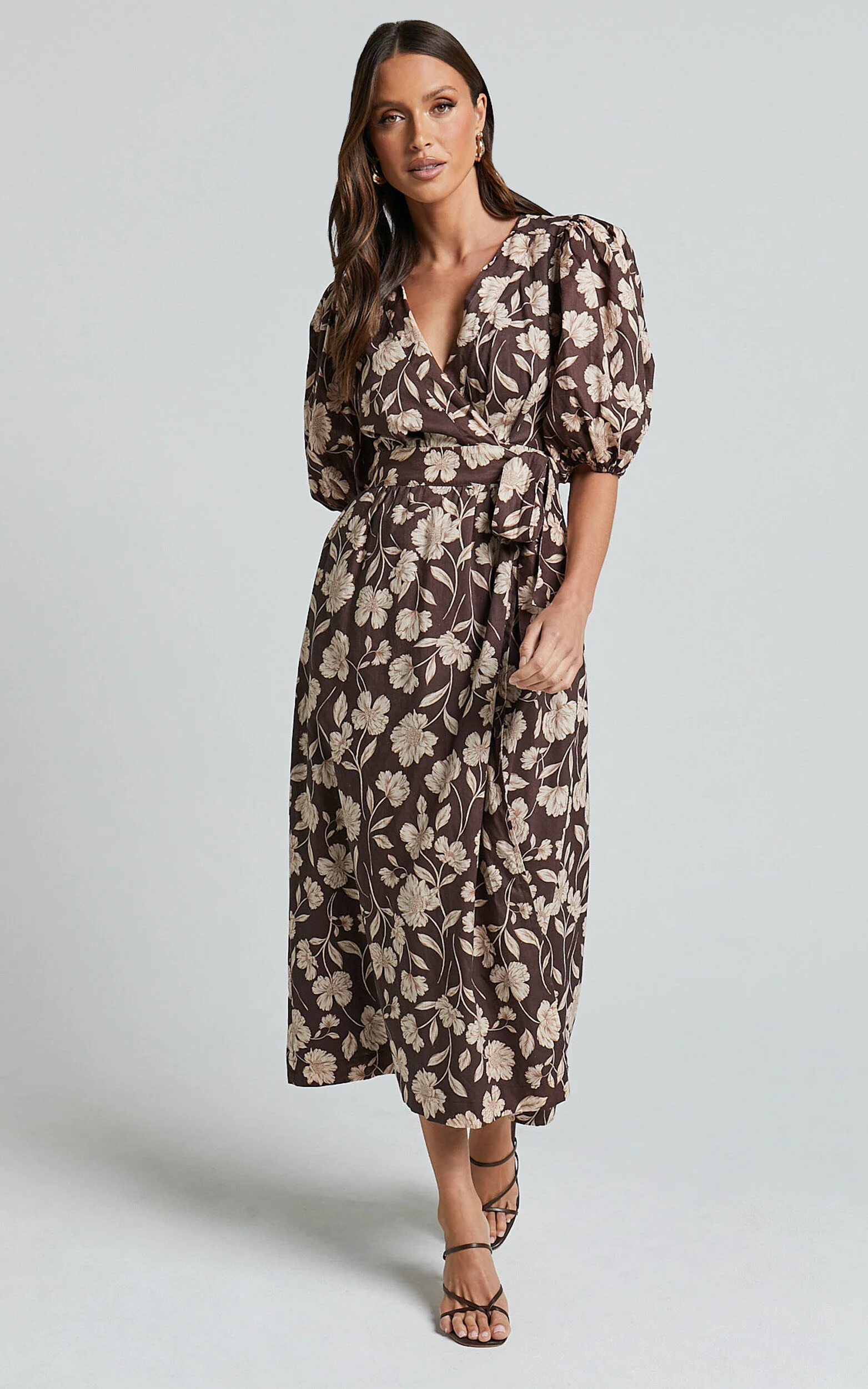 Amalie The Label - Francie Linen Blend Puff Sleeve Wrap Midi Dress in Sahara Print