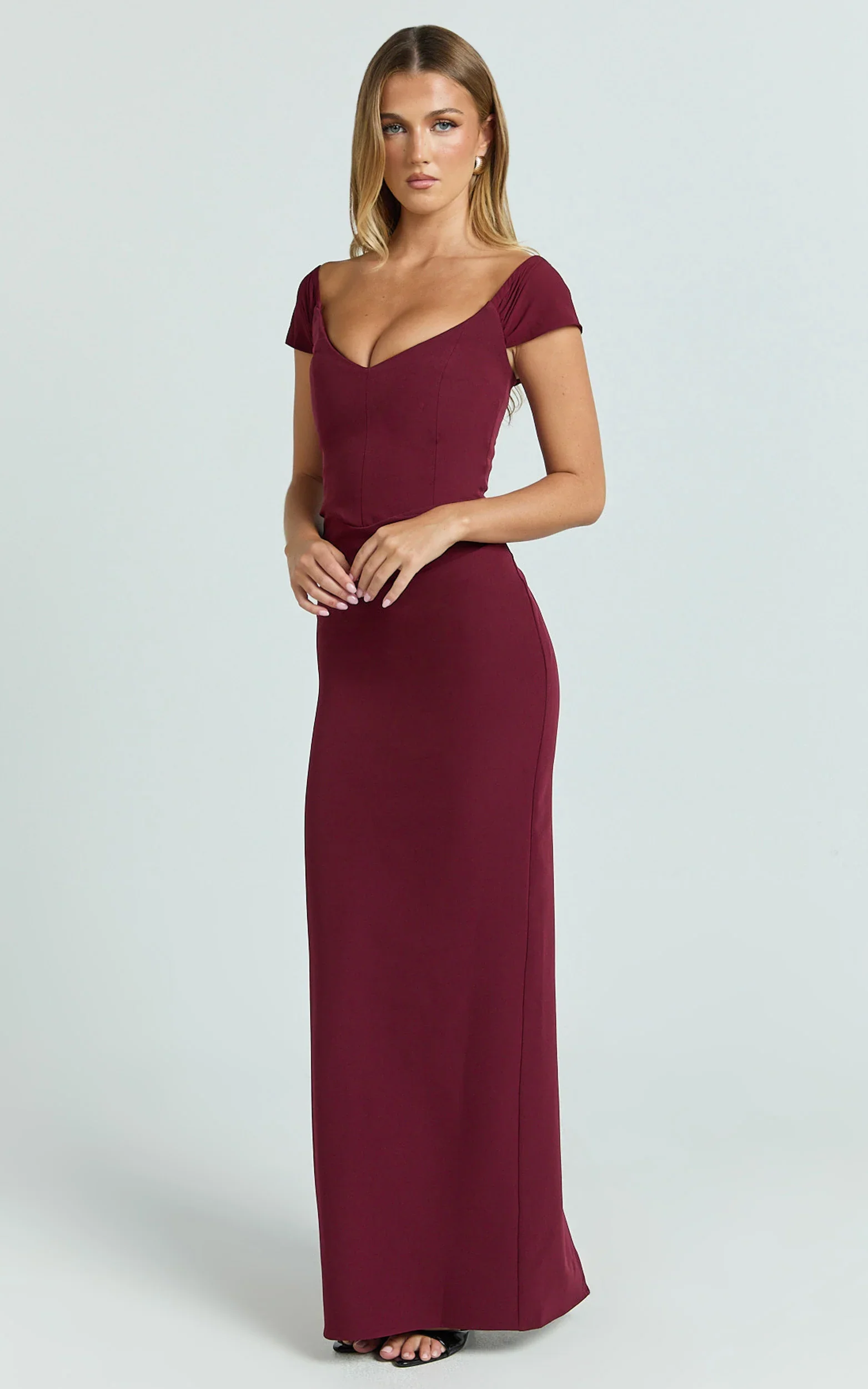 Veronika Maxi Dress - Off Shoulder Plunge High Split Dress in Wine