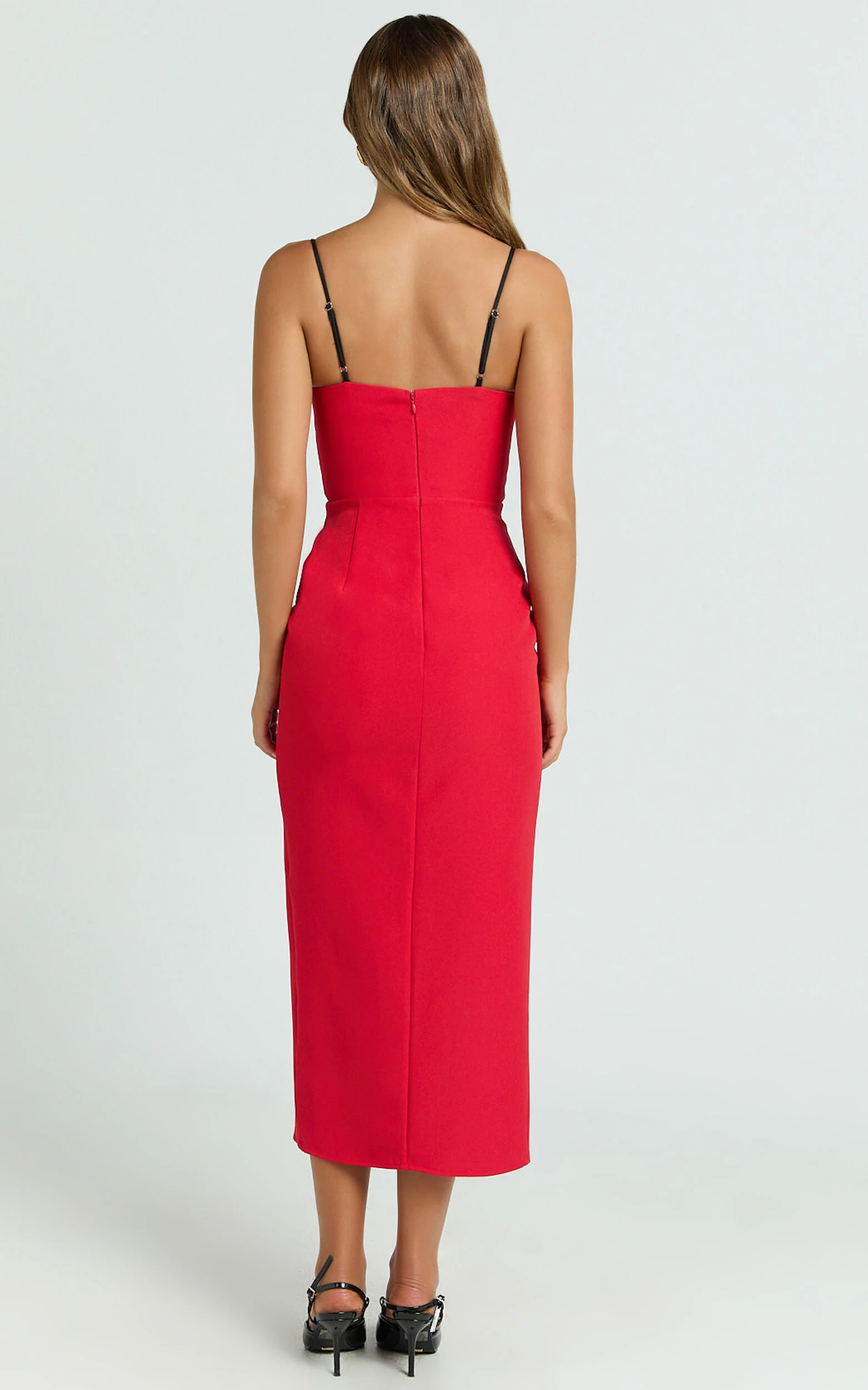 Richelle Midi Dress - Strappy Contrast Lace Straight Neck Fitted Side Leg Split Dress in Red