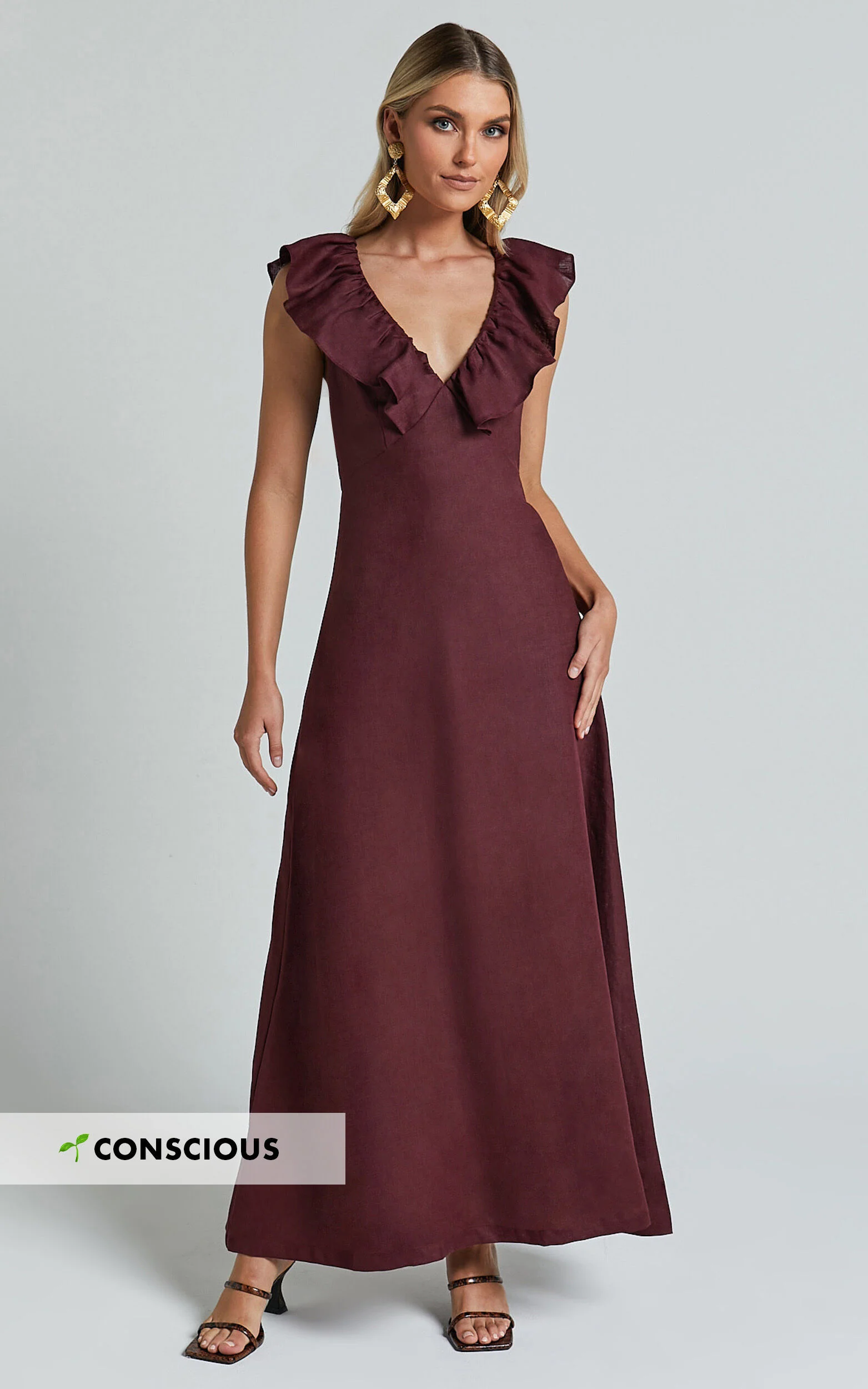 Amalie The Label - Penelope Linen Flutter Sleeve Low Back Maxi Linen Dress in Wine