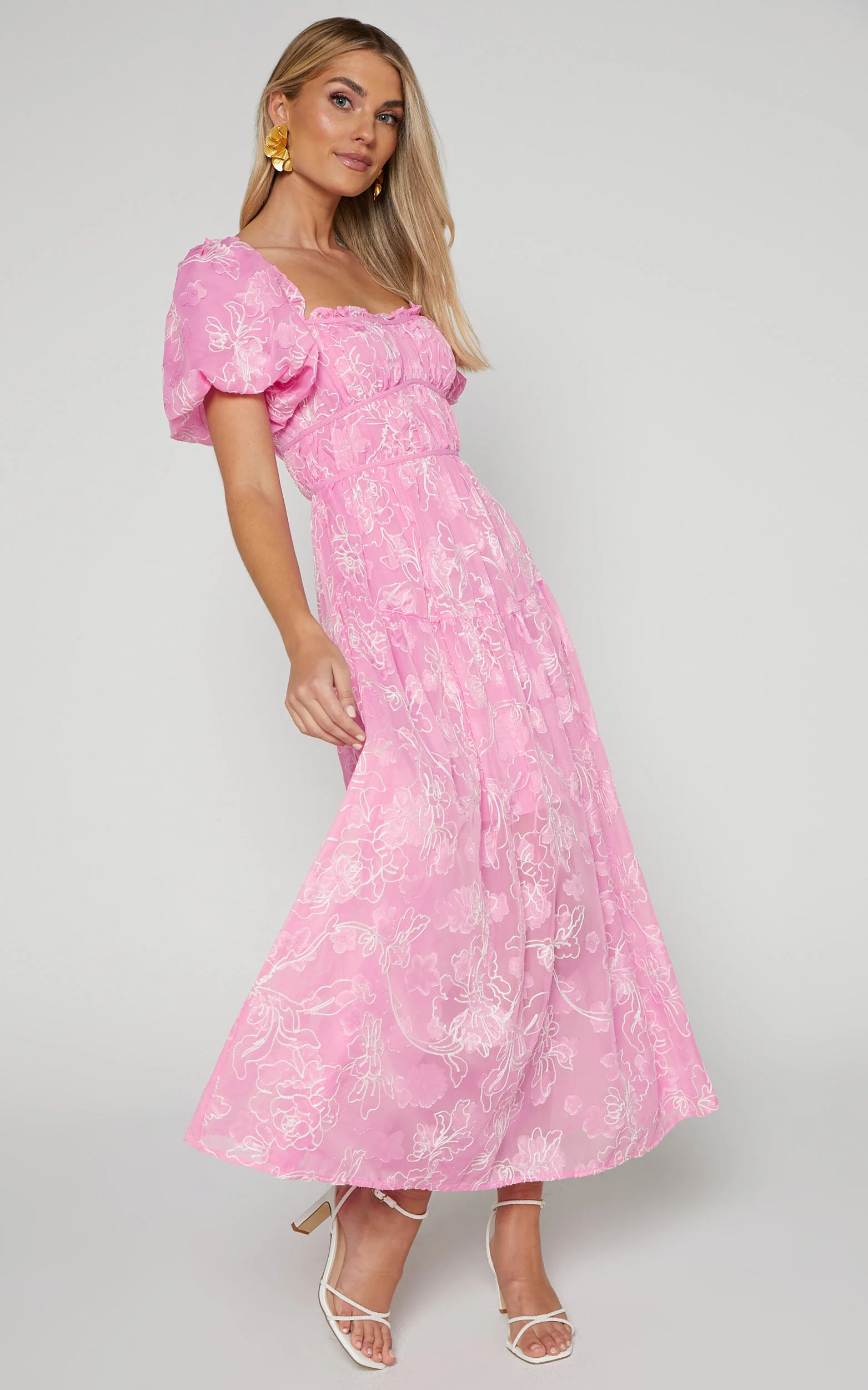 Harley Midi Dress - Puff Sleeve Dress in Pink