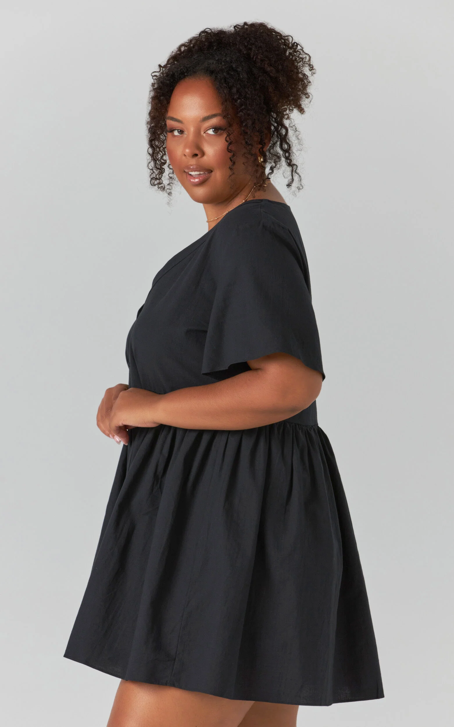 Staycation Mini Dress - Smock Button Up Dress in Black