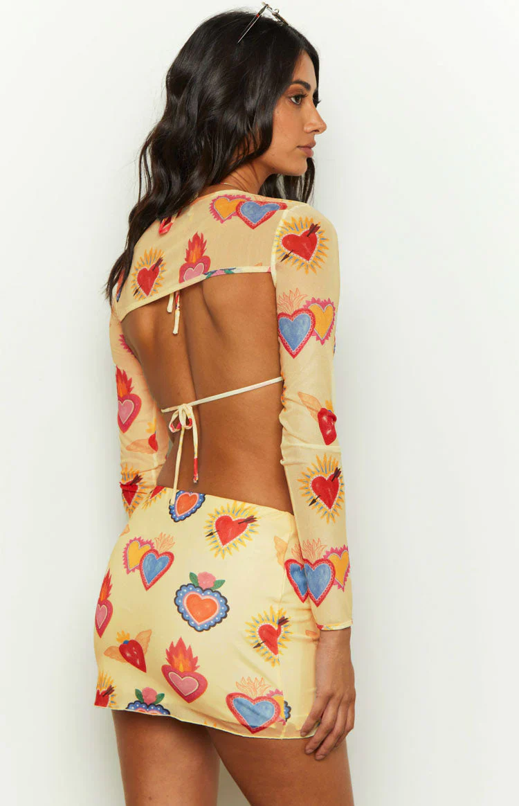 Rosaline Yellow Heart Printed Mesh Mini Skirt
