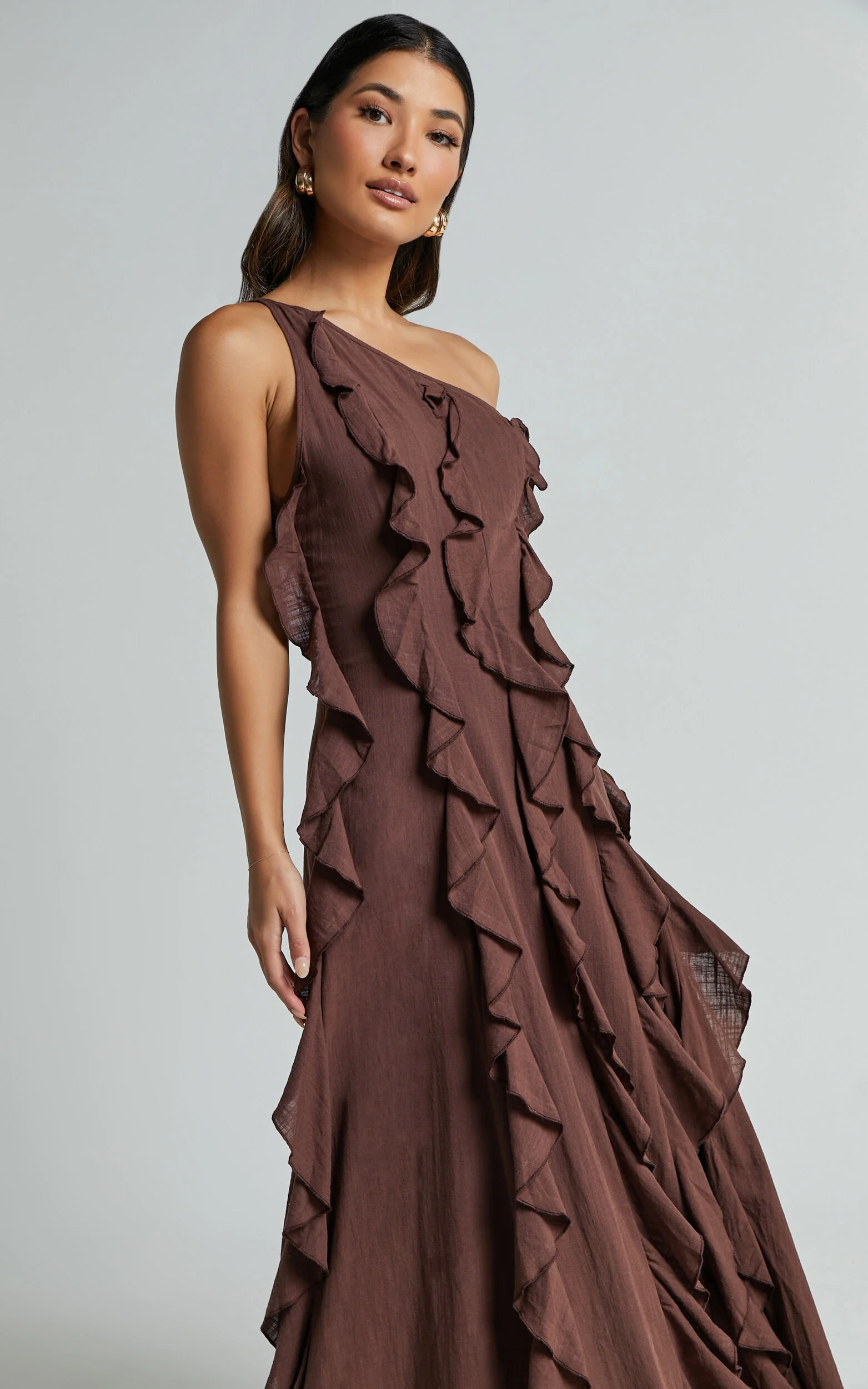 Britney Maxi Linen Dress - One Shoulder Ruffle Detail Dress in Chocolate