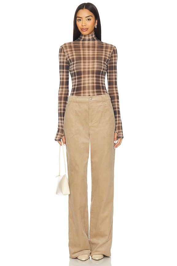 Plaid Mesh Long Sleeve Turtleneck Top