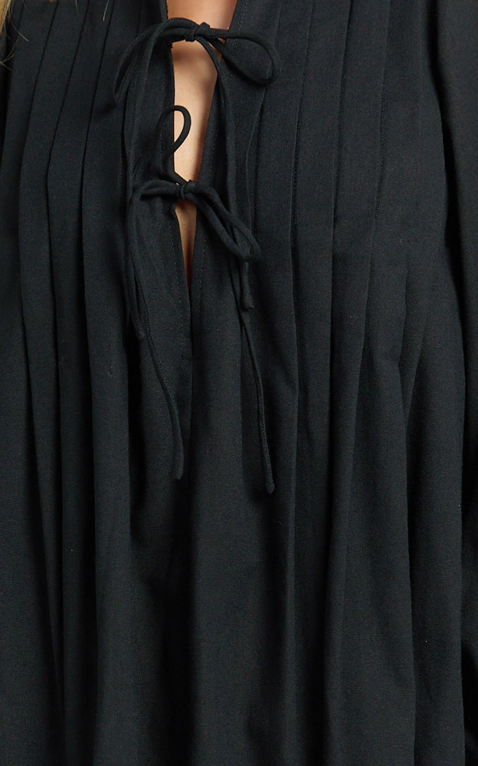 Suzette Mini Dress - High Neck Tie Front Long Sleeve Pleat Front Babydoll Dress in Black