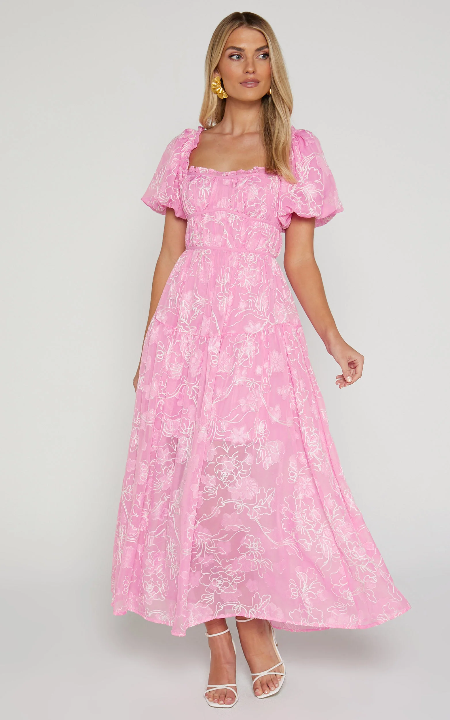 Harley Midi Dress - Puff Sleeve Dress in Pink