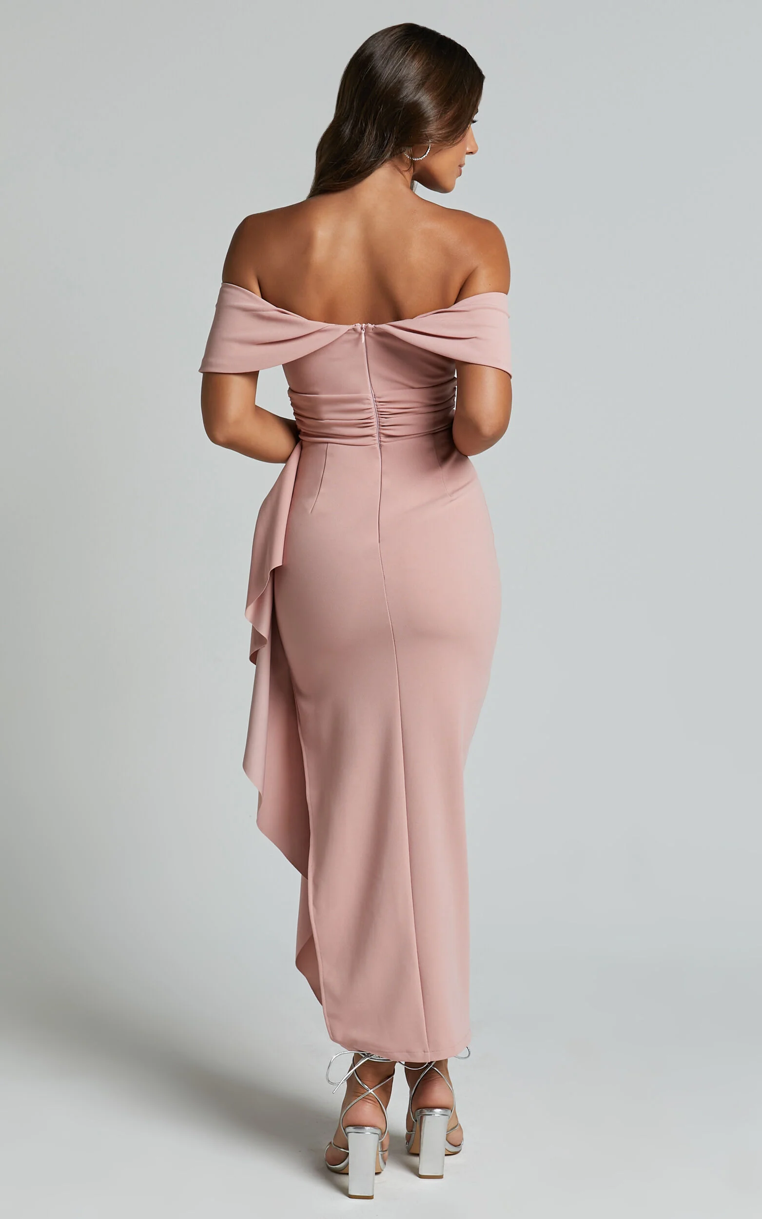 Cleo Midi Dress - Off The Shoulder Ruffle Split Dress in Blush