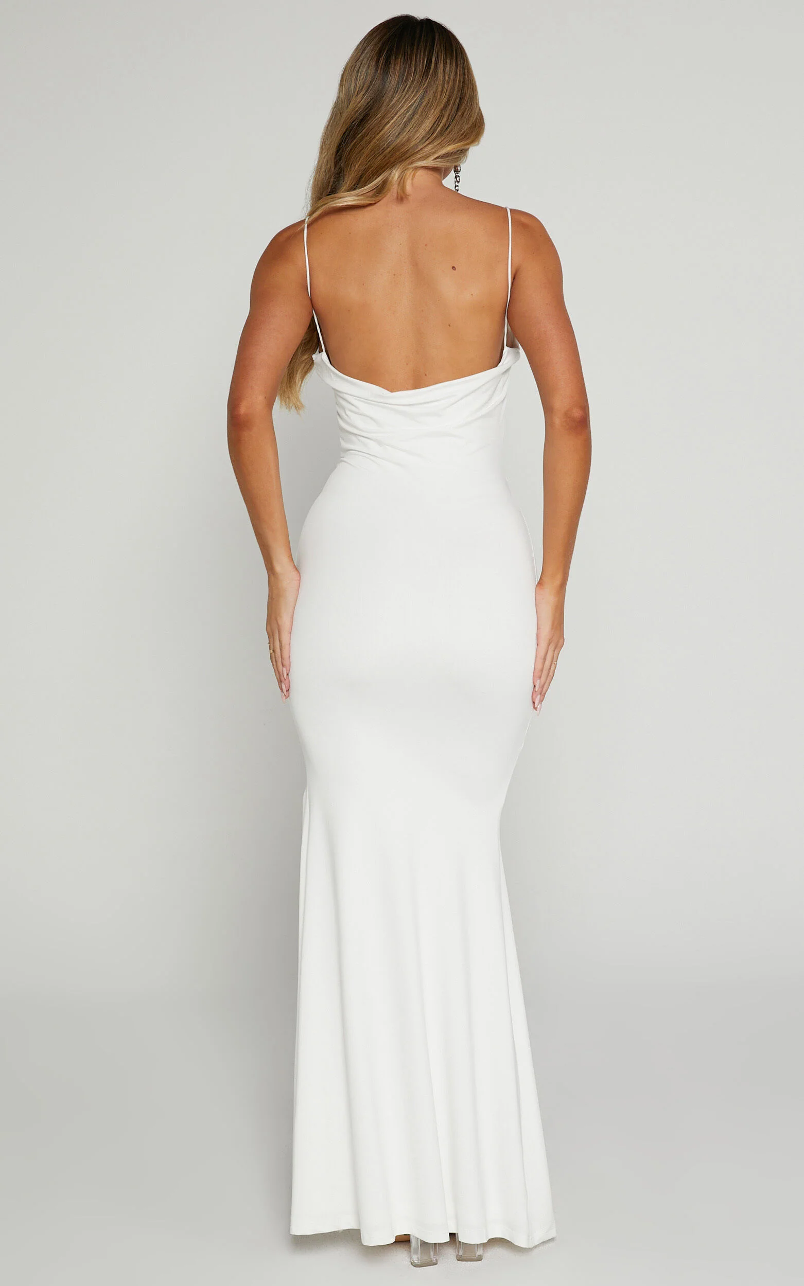 Tasteful Midi Dress - Cowl Neck Bodycon Thigh Split Dress in White