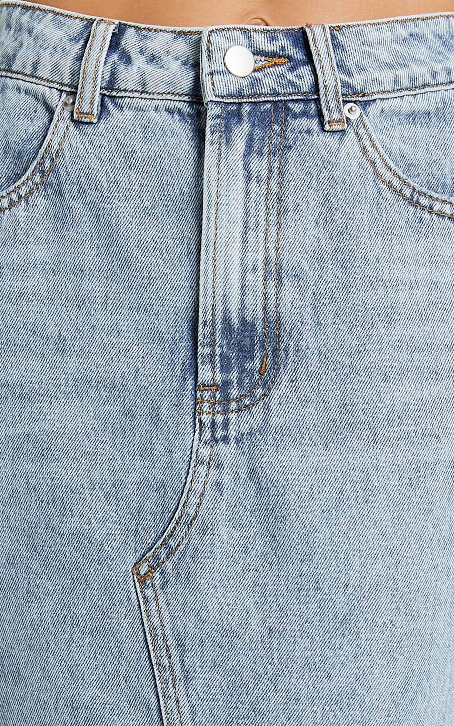 Kira Midi Skirt - Front Split Denim Skirt in Light Blue Wash