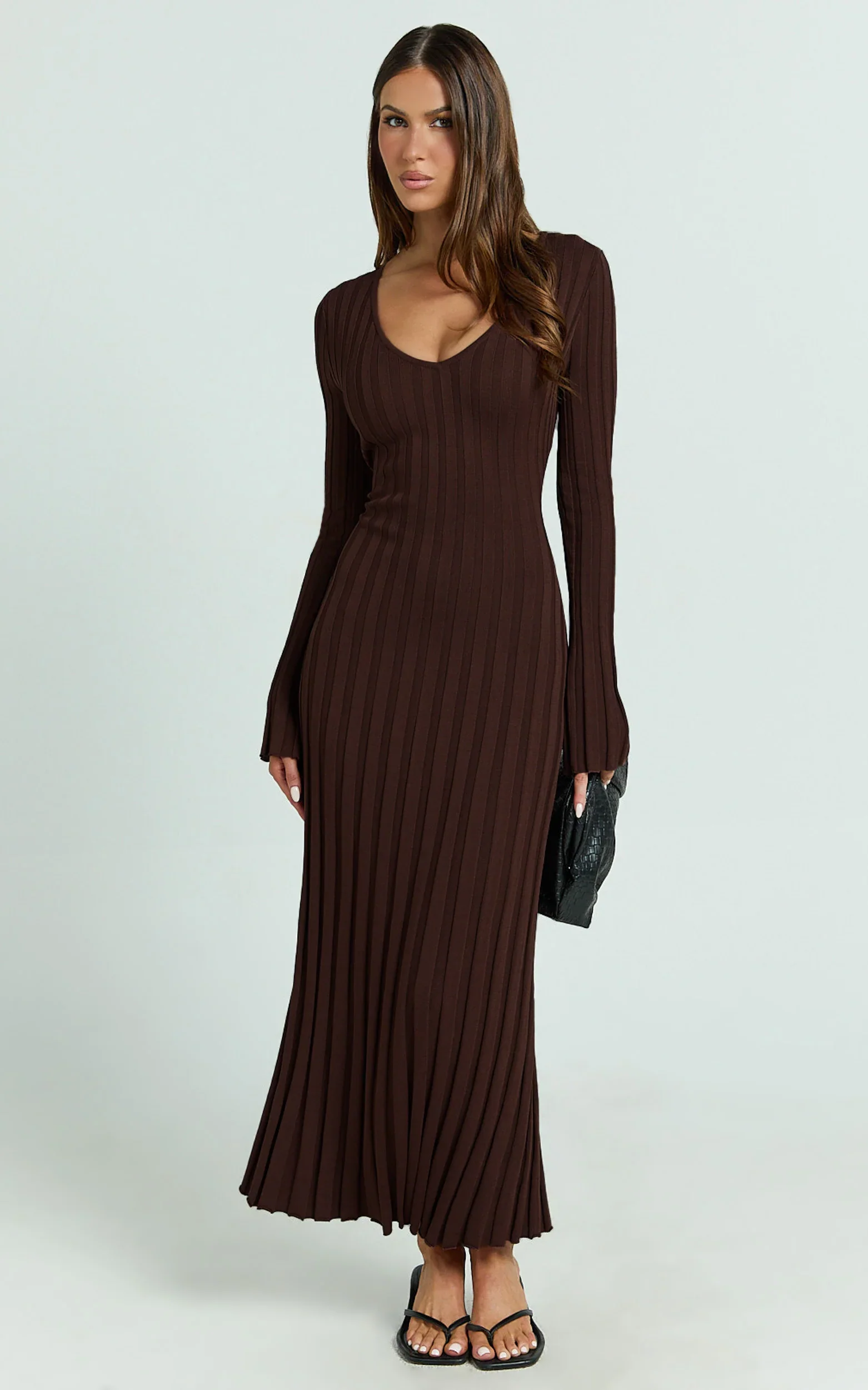 Astra Maxi Dress - V Neck Long Sleeve Knit Dress in Chocolate