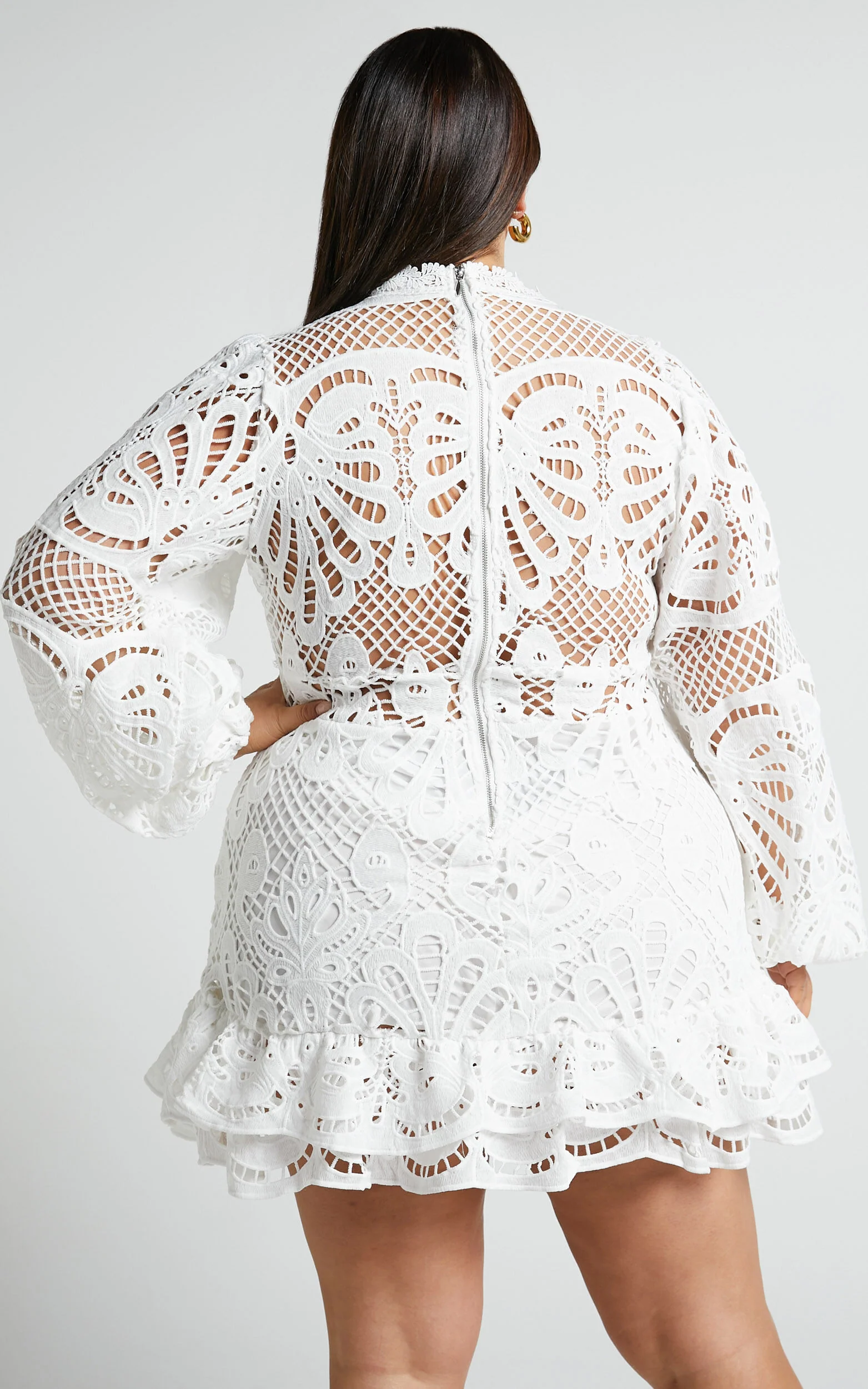Kiss Me Now Mini Dress - Long Puff Sleeve Dress in White Lace