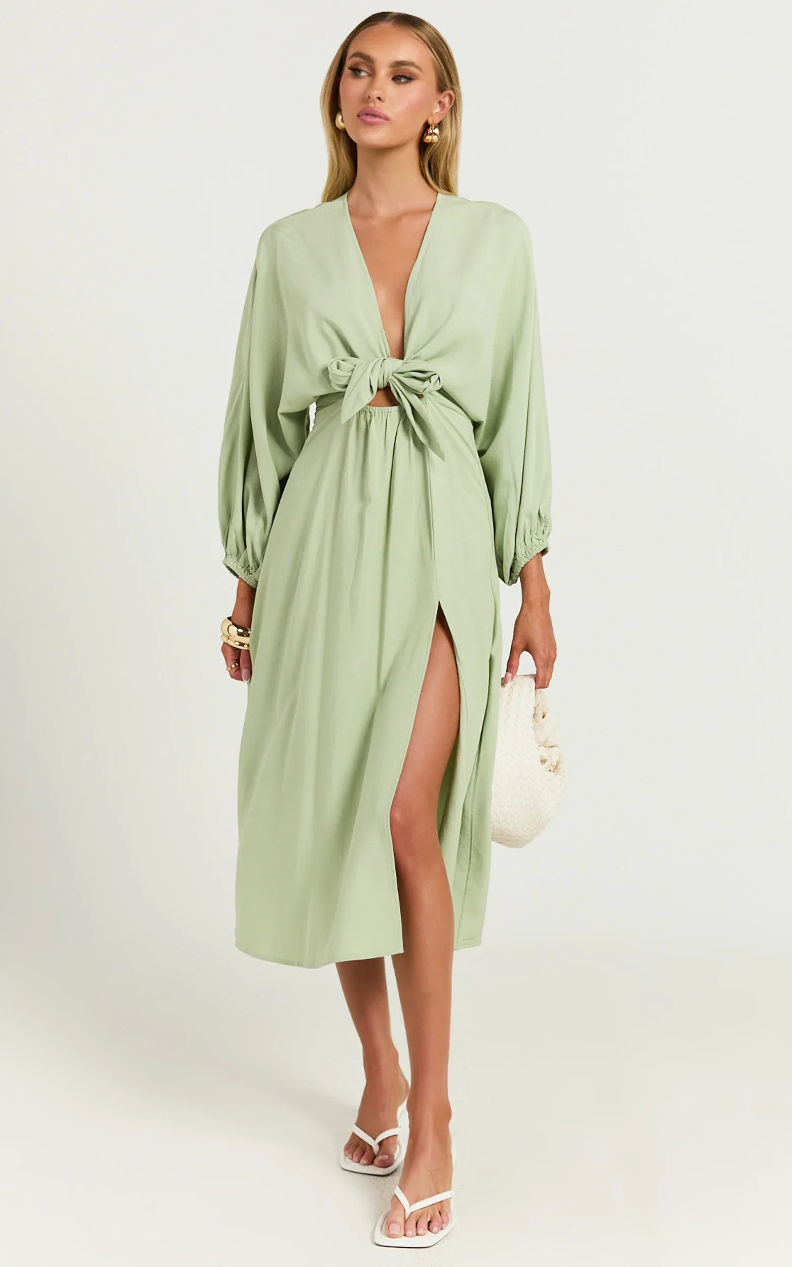 Tyricia Midi Dress - Long Sleeve Tie Front Cut Out Dress in Sage