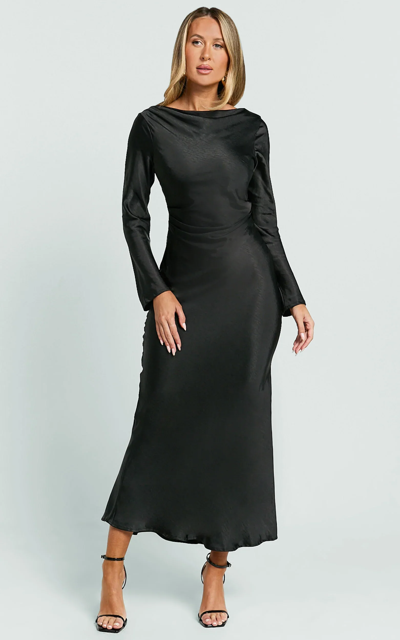 Arriana Midi Dress - Long Sleeve Cowl Back Satin Dress in Black