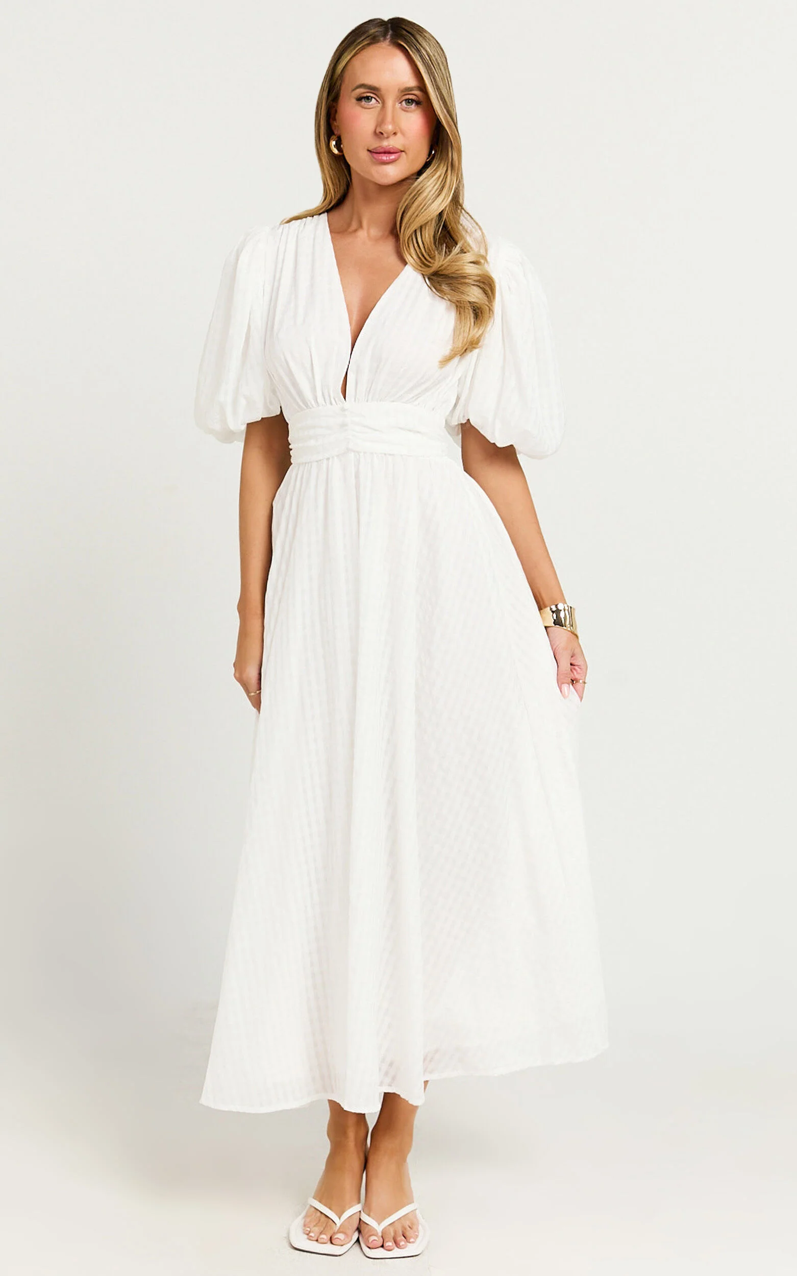 Xandy Midi Dress - Textured Puff Sleeve Plunge Dress in White