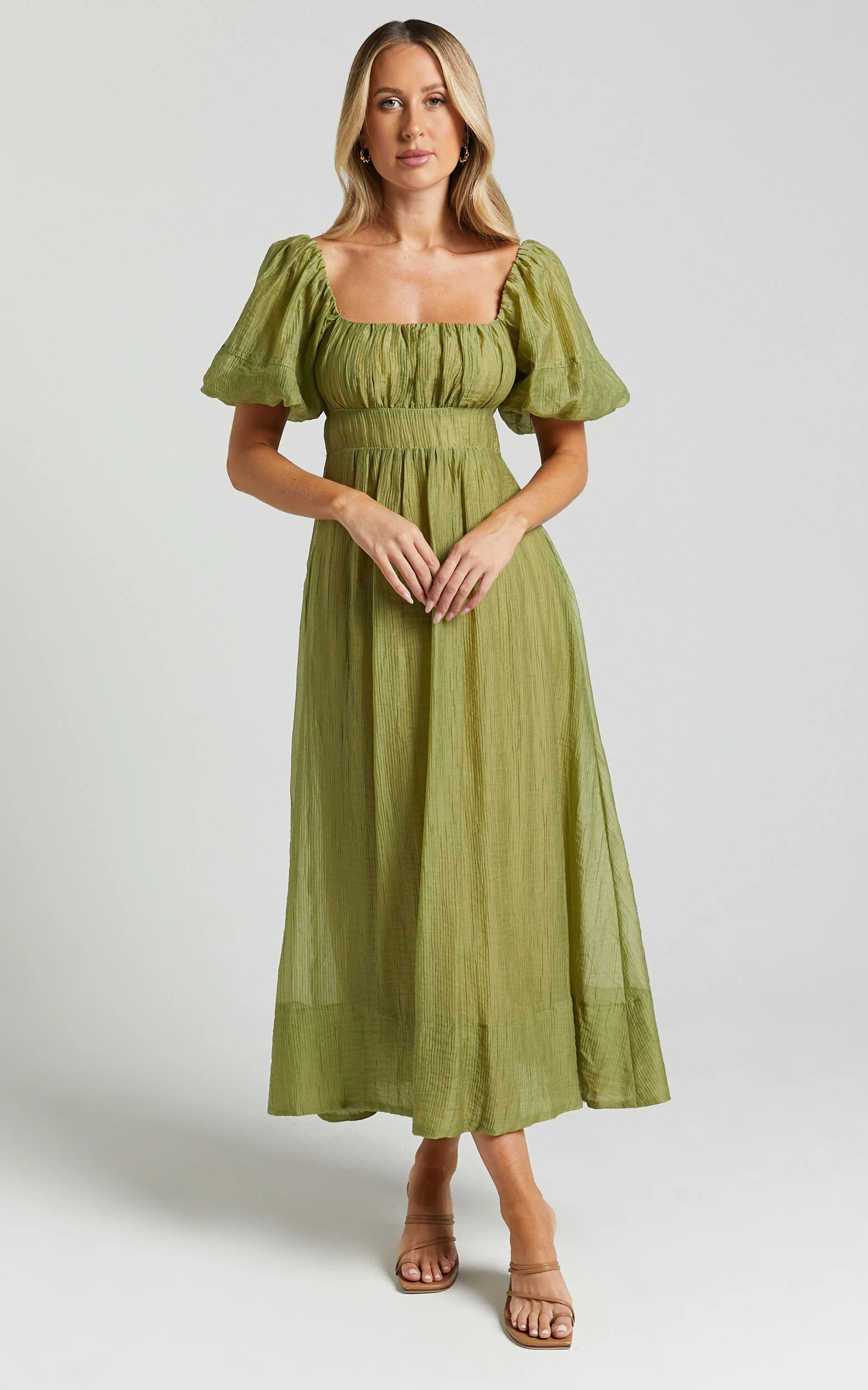 Roshina Midi Dress - Straight Neck Puff Sleeve Dress in Olive