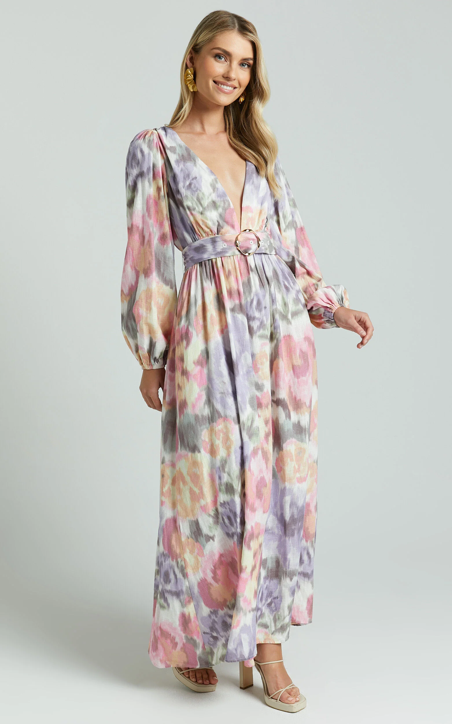 Amalie The Label - Lily Linen Blend V Neck Long Puff Sleeve Tie Back Maxi Dress in Montreuil Print