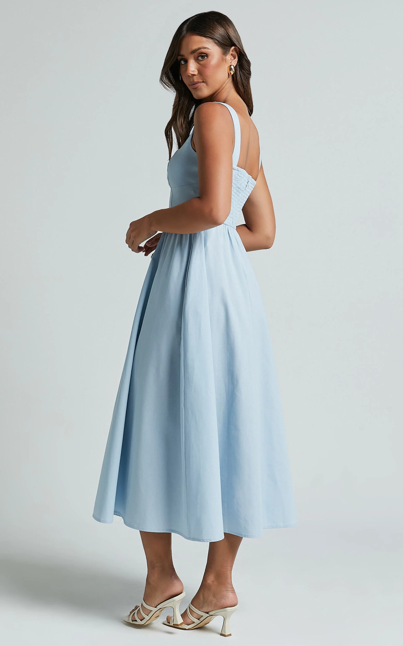 Khari Midi Dress - Linen Look Square A Line Dress in Blue