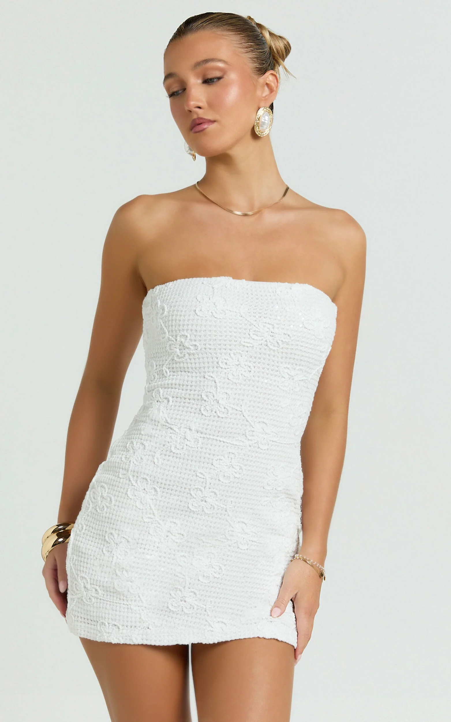 Inka Mini Dress - Strapless Fitted Jersey Dress in White