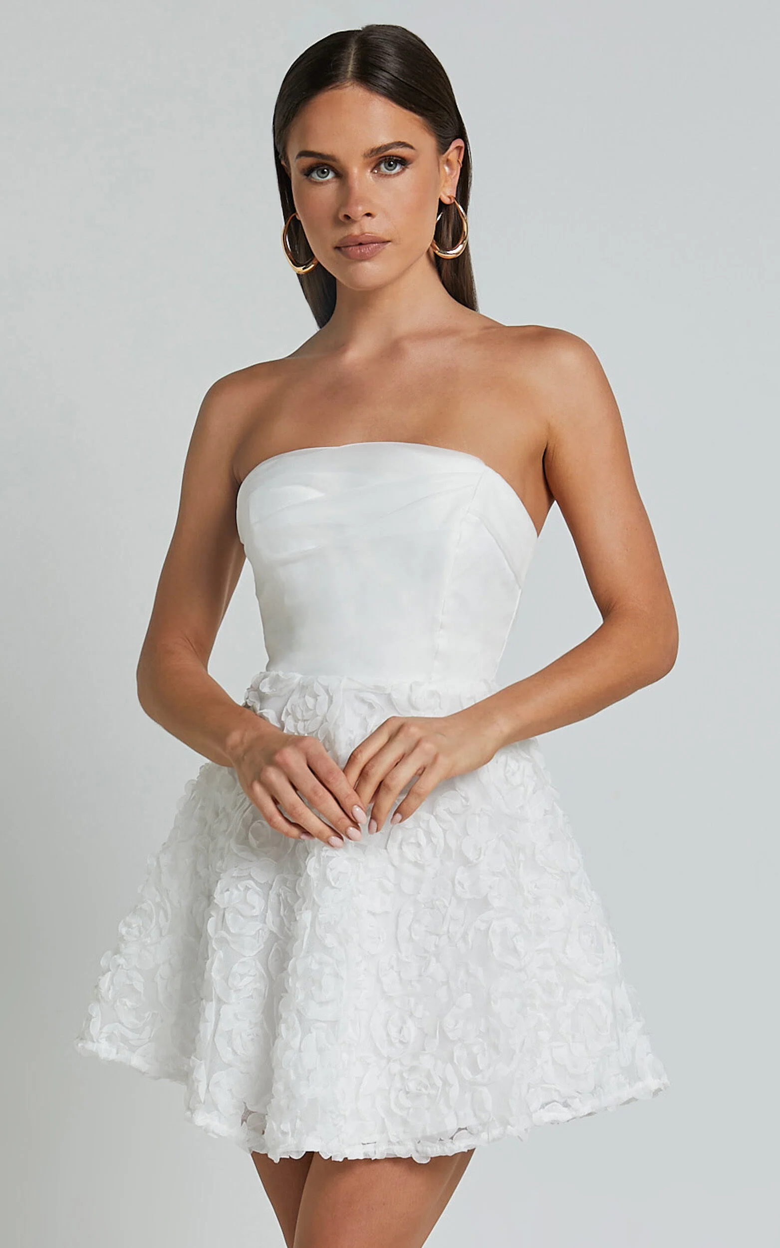 Violeta Mini Dress - Strapless 3d Floral Dress in White