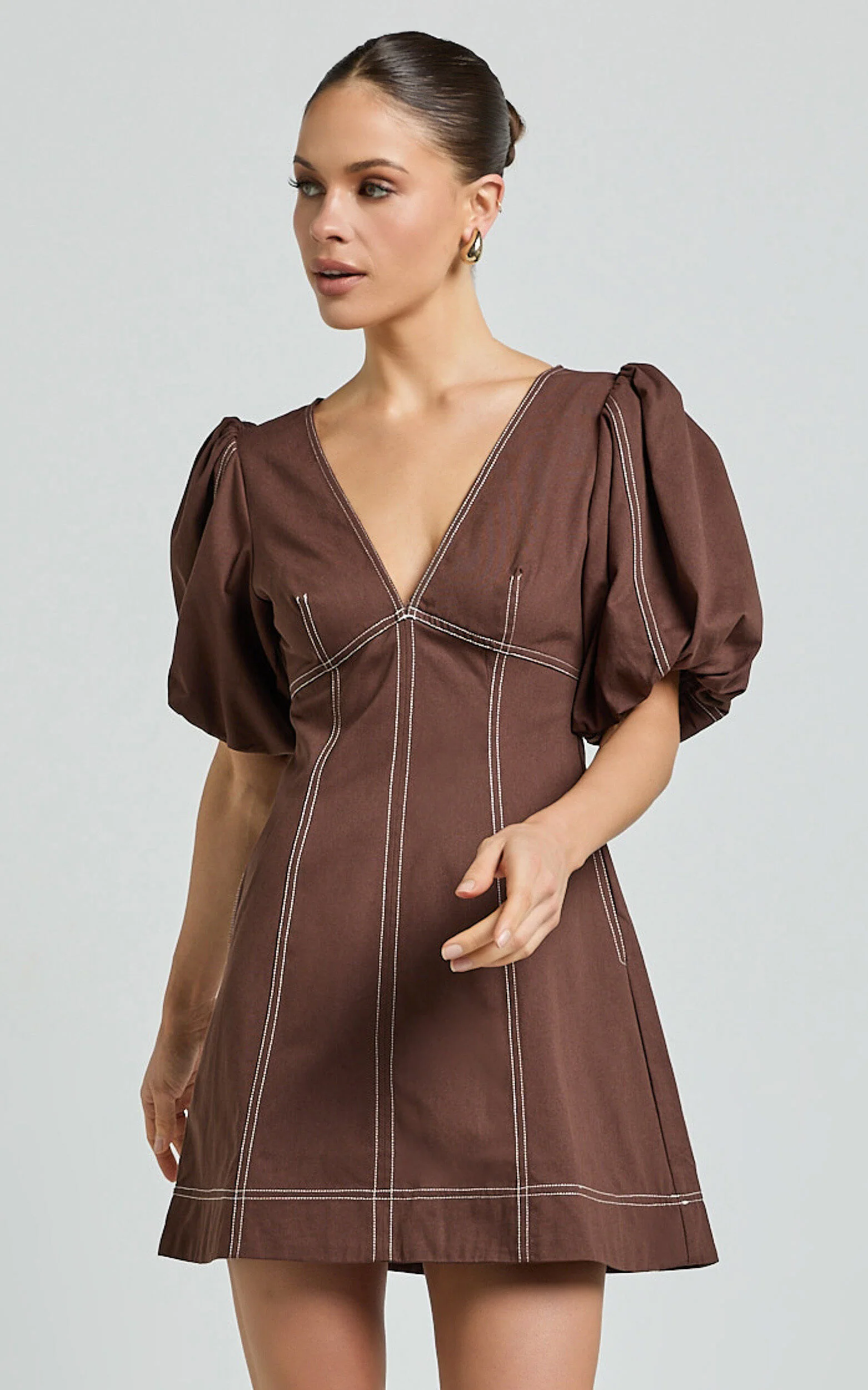 Tallie Mini Dress - Linen Puff Sleeve A Line Dress in Chocolate