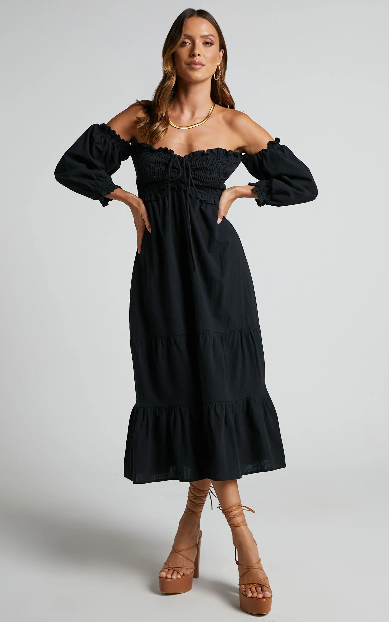 Nikka Midi Linen Dress - Shirred Off Shoulder Puff Sleeve Dress in Black