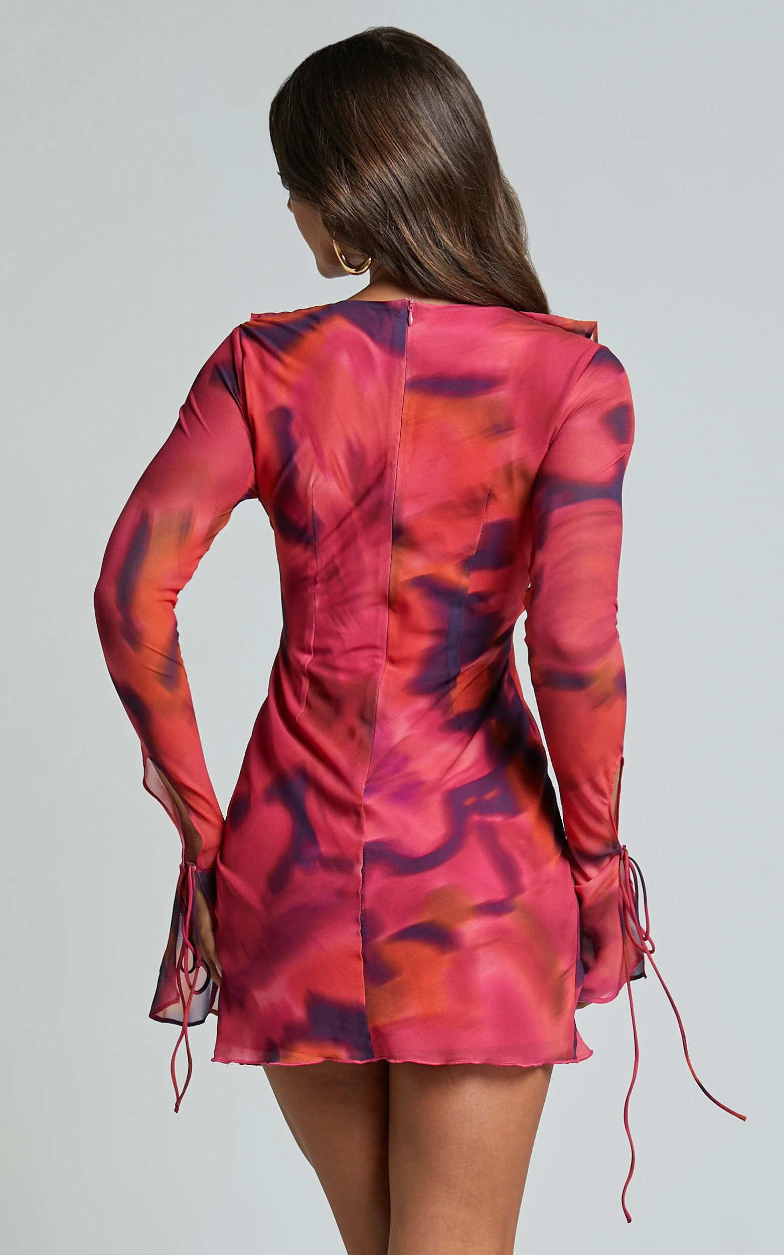 Alesya Mini Dress - Ruffle Plunge Neck Long Sleeve Tie Detail Dress in Adeana Print