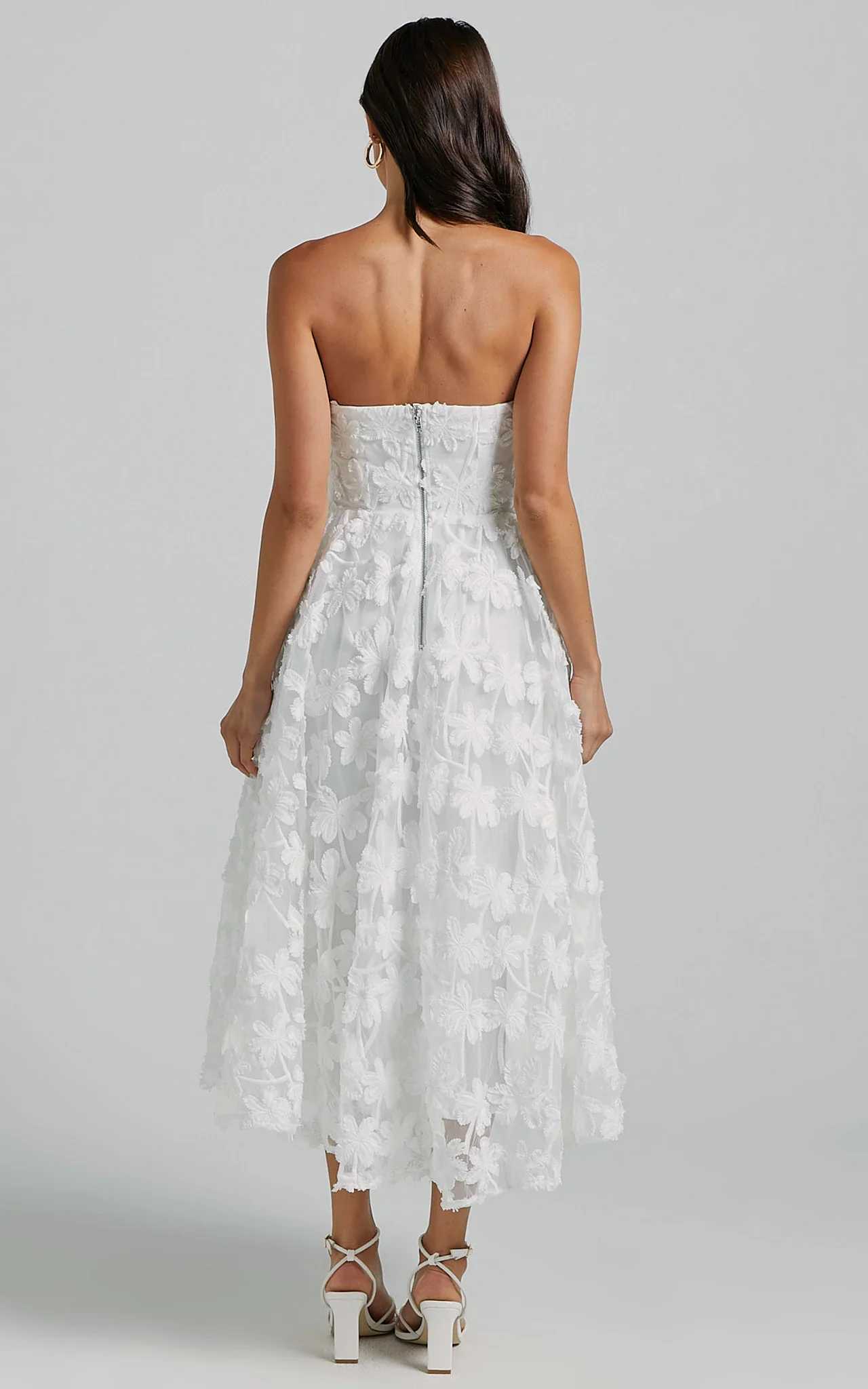 Rheiva Midi Dress - Strapless 3D Embroidery Midi Dress in White
