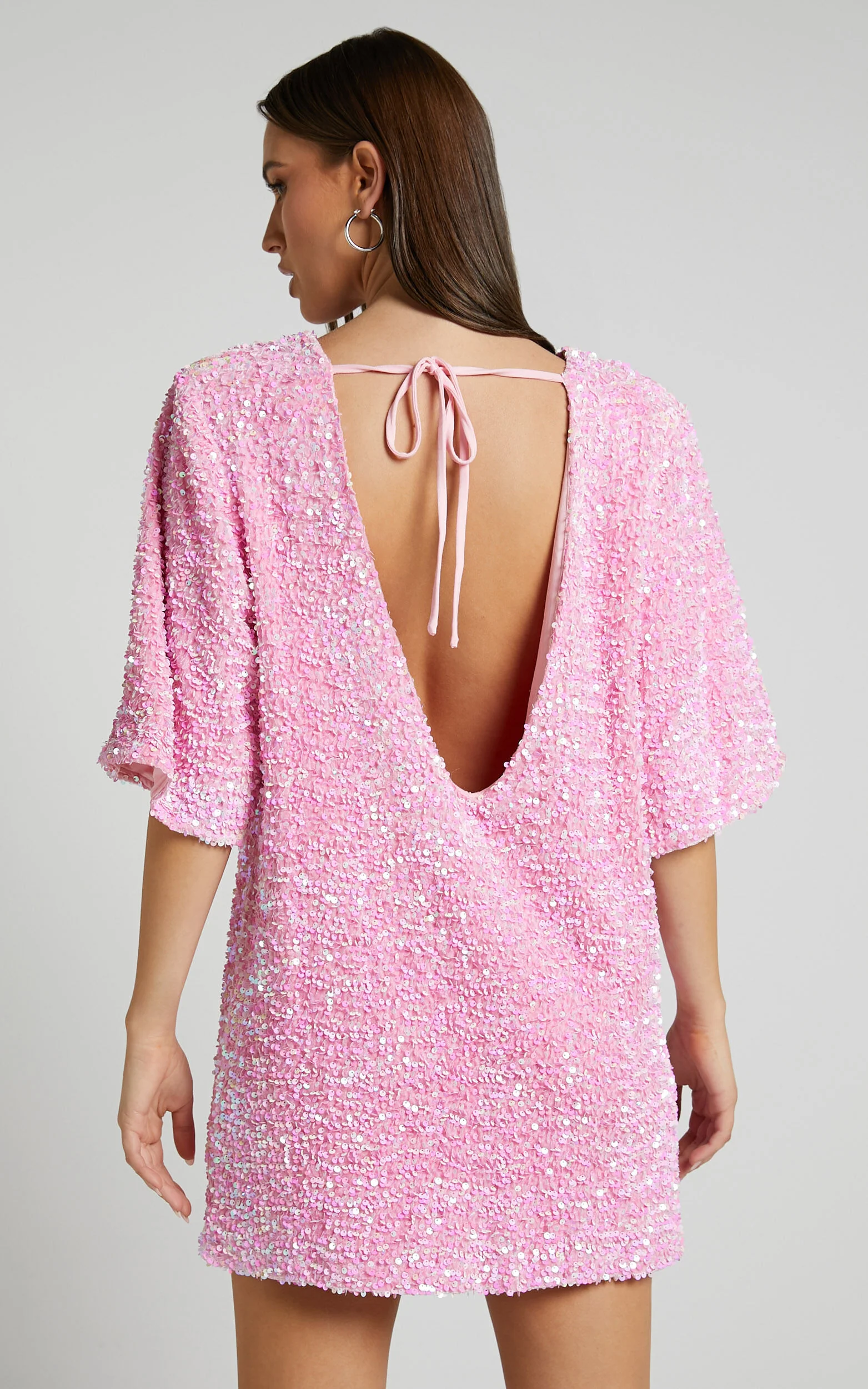 Valetta Mini Dress - Sequin low back shift dress in Pink Sequin