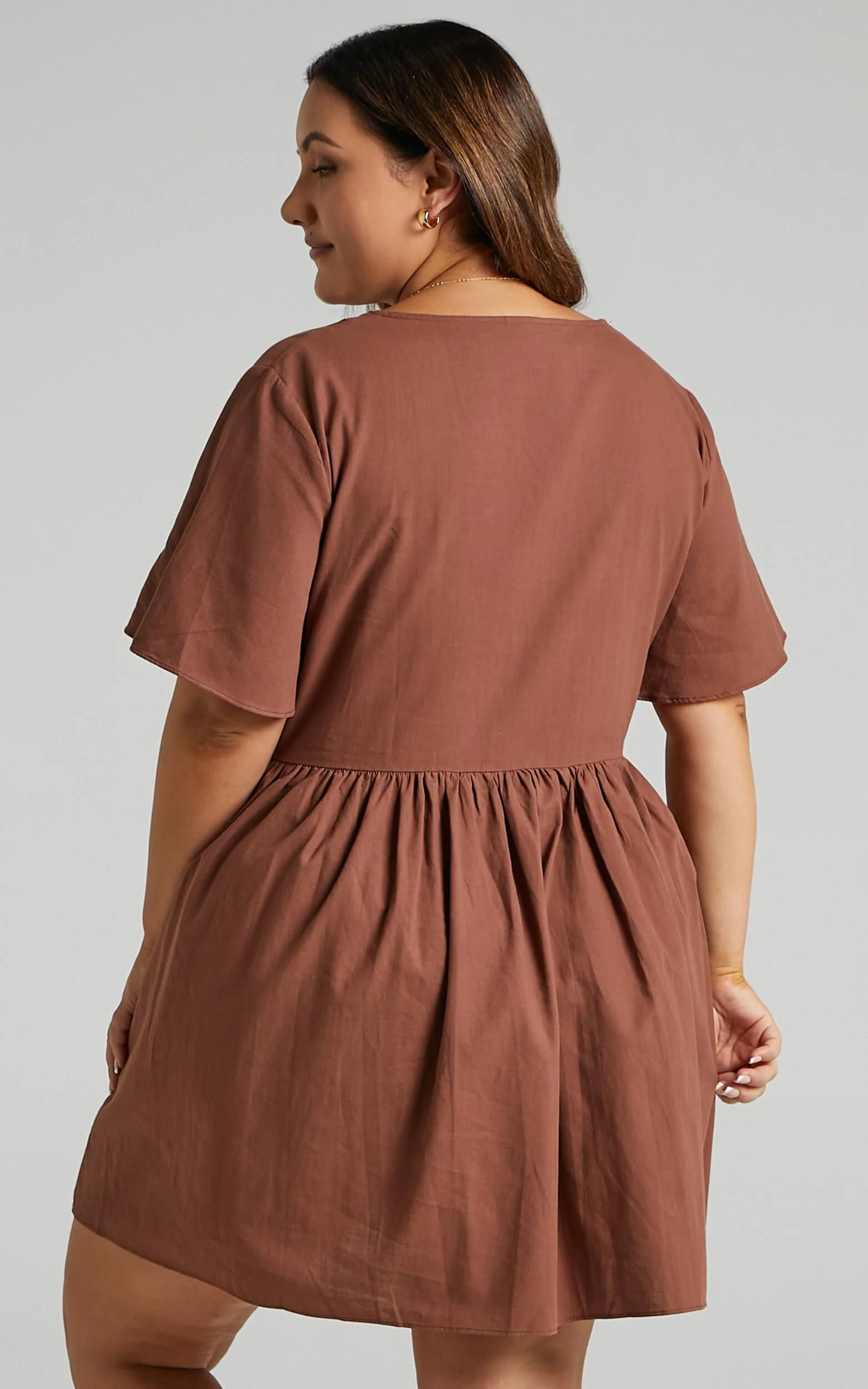 Staycation Mini Dress - Smock Button Up Dress in Chocolate