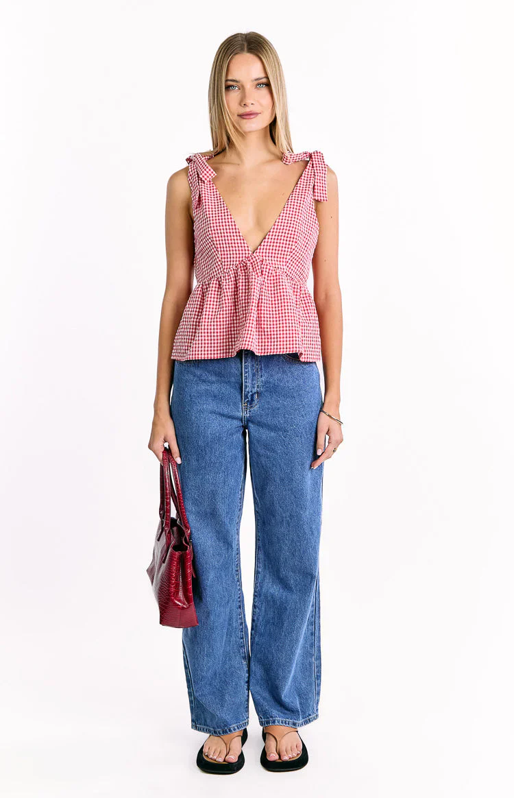 Angelica Red Gingham Tie Top