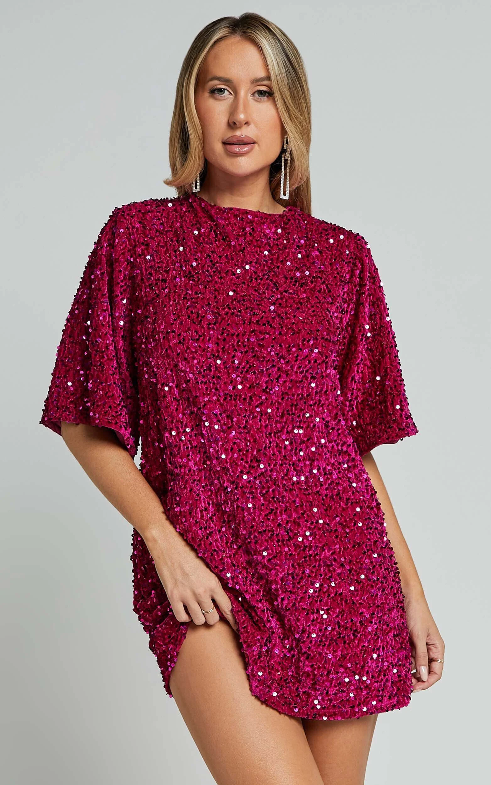 Valetta Mini Dress - Sequin low back shift dress in Hot Pink