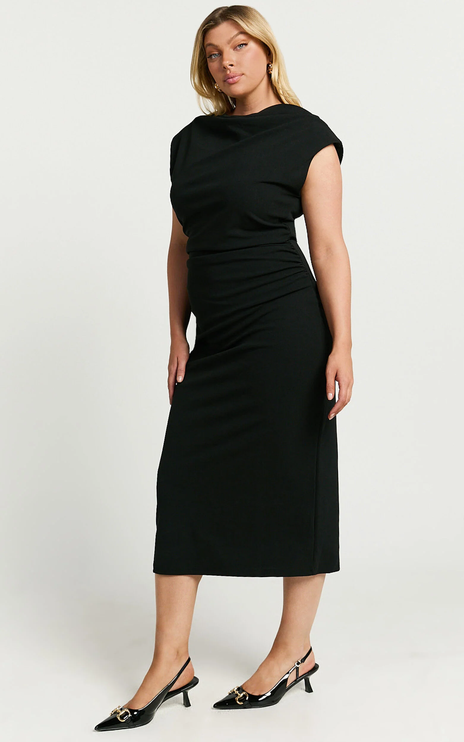 Carmilette Midi Dress - Cowl Neck Ruched Jersey Dress in Black