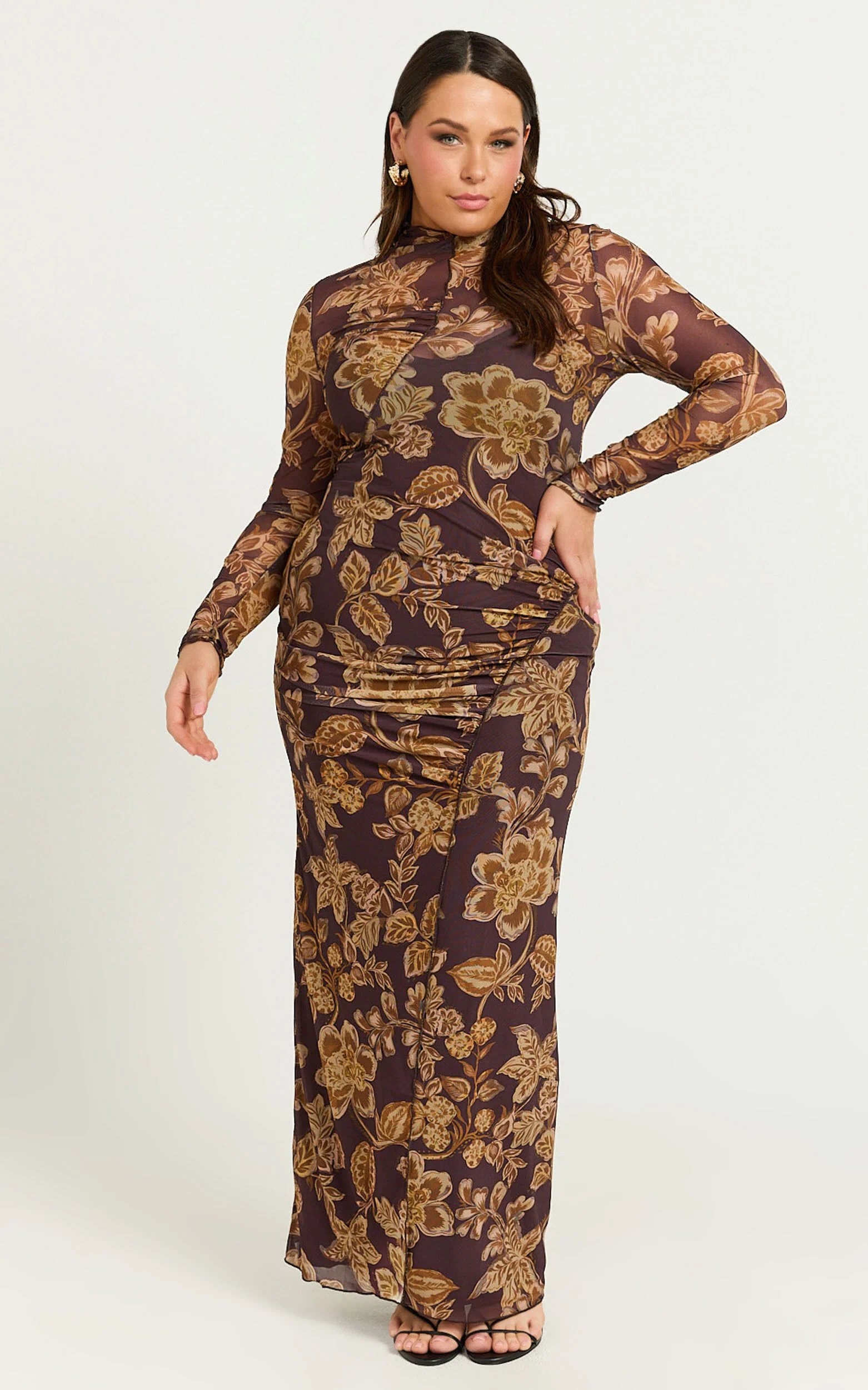 Vivian Midi Dress - High Neck Long Sleeve Mesh Dress in Amber Bloom Print
