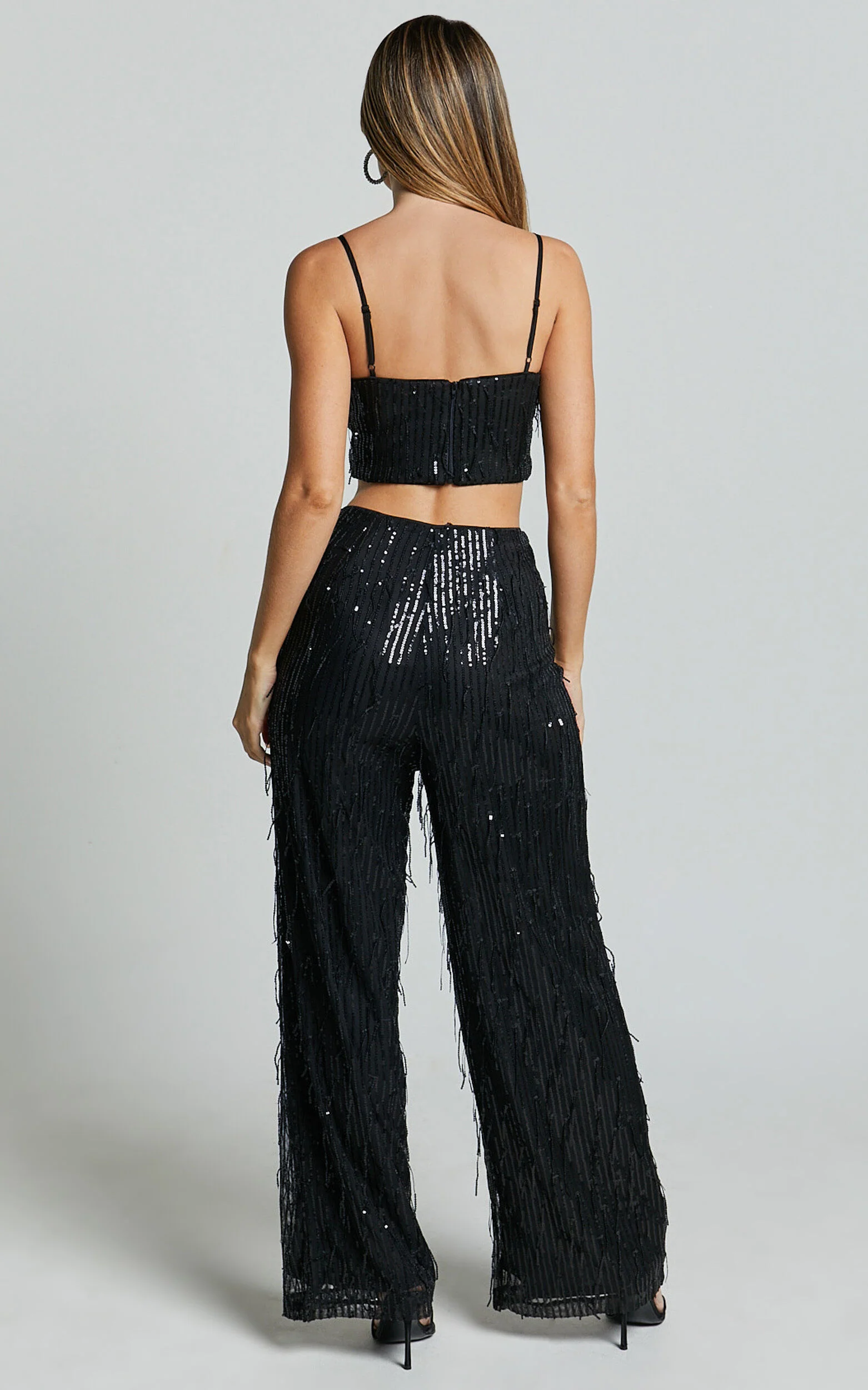 Claudette Pants - High Waist Wide Leg Fringe Sequin Pants in Black