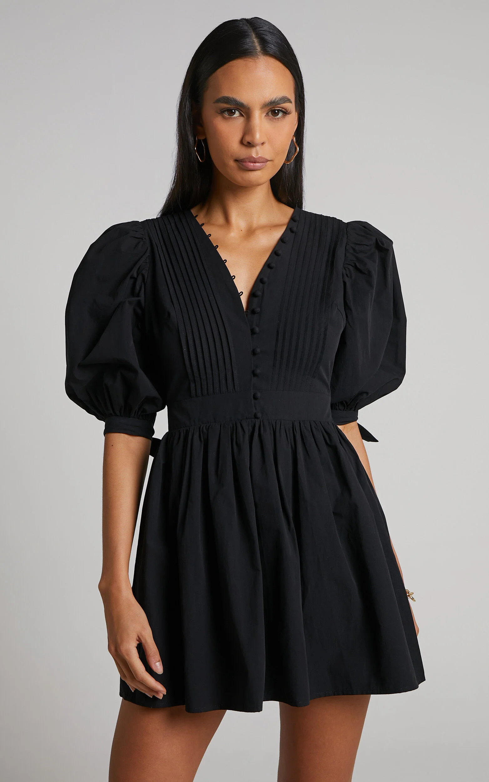 Zandra Mini Dress - Puff Sleeve Poplin Dress in Black