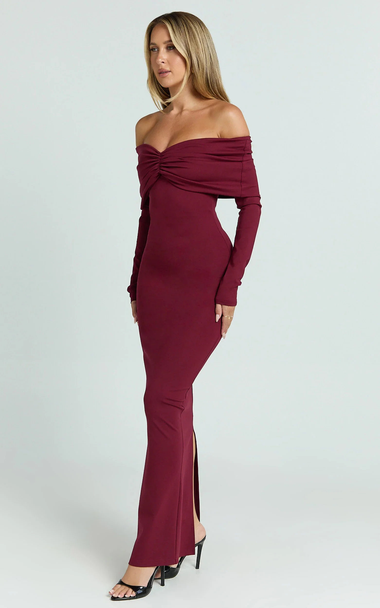 Rani Maxi Dress - Off Shoulder Long Sleeve Bodycon Dress in Wine