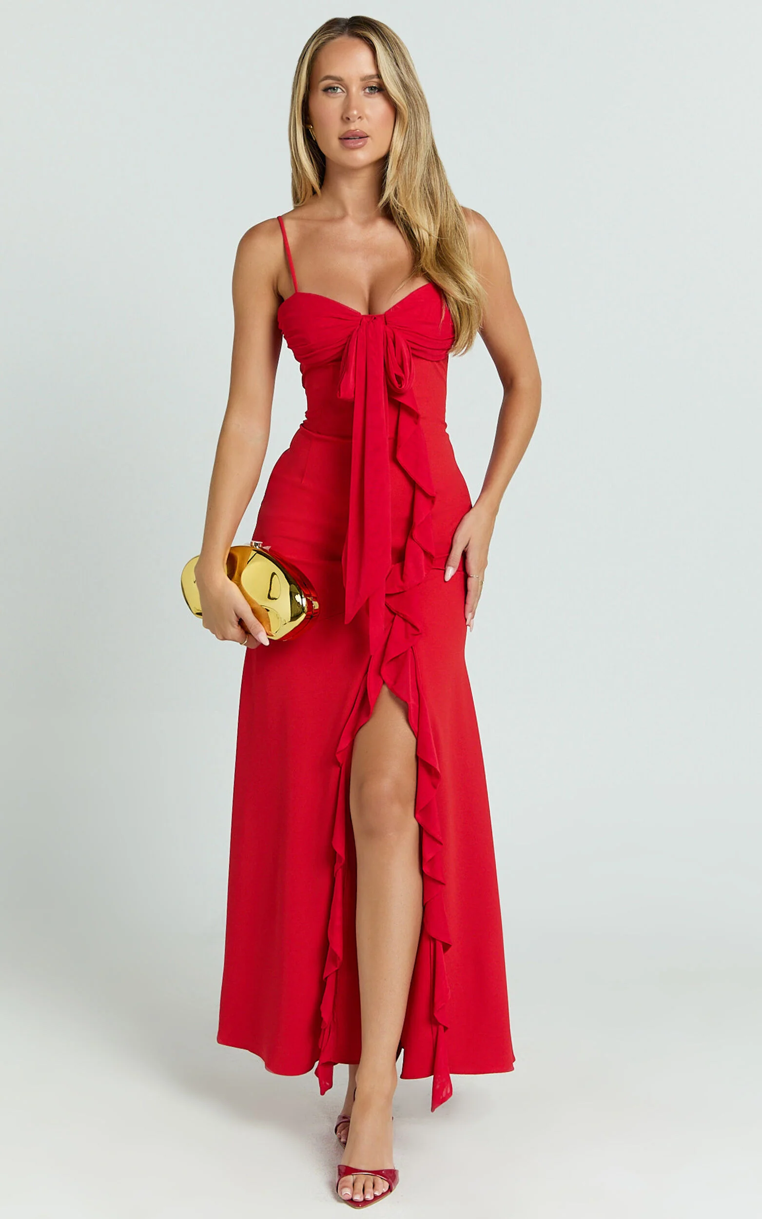 Lacie Maxi Dress - V Neck Bias Cut Ruffle Tie Front Dress in Red