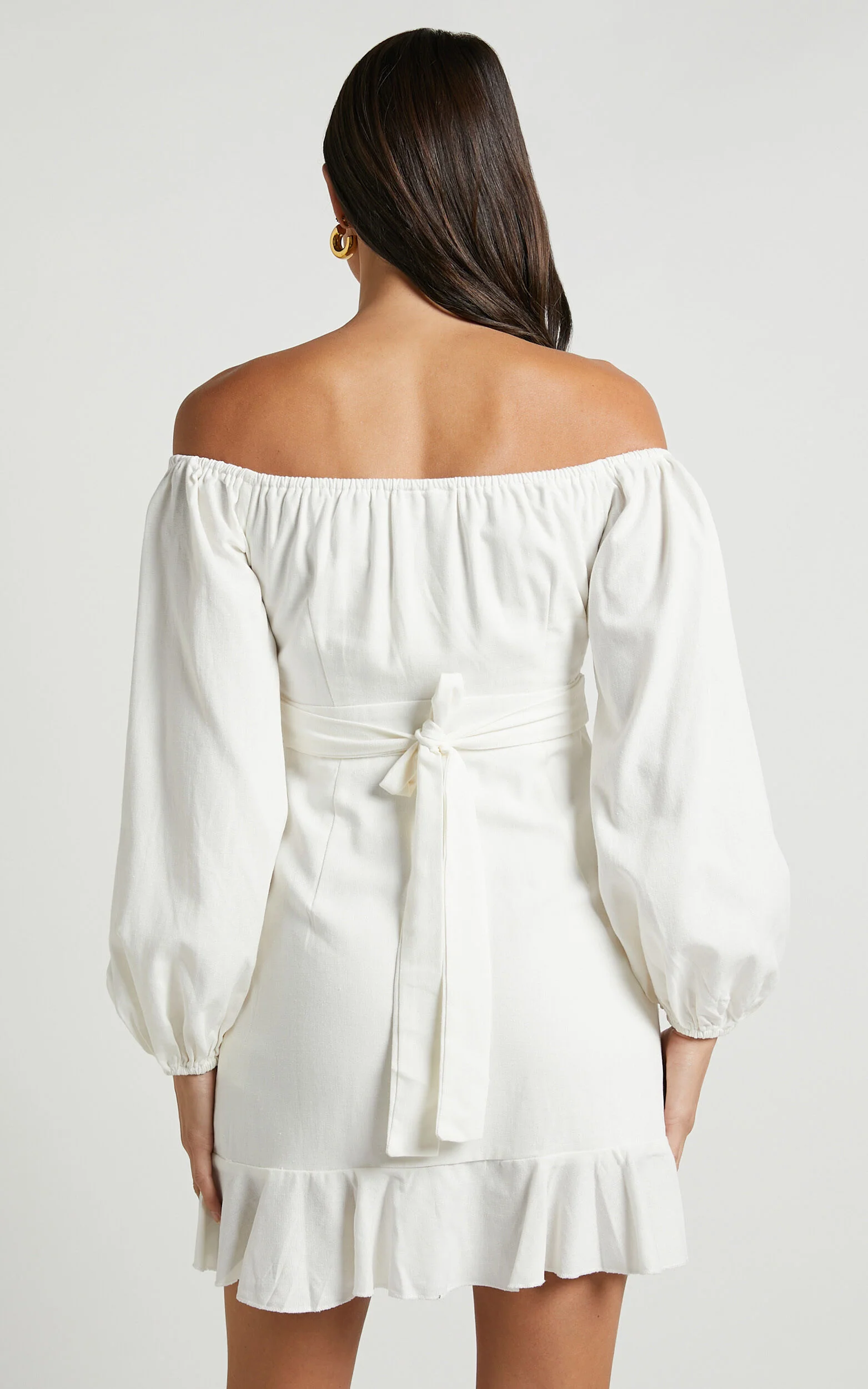 Cant Move On Off Shoulder Mini Linen Dress in White Linen Look