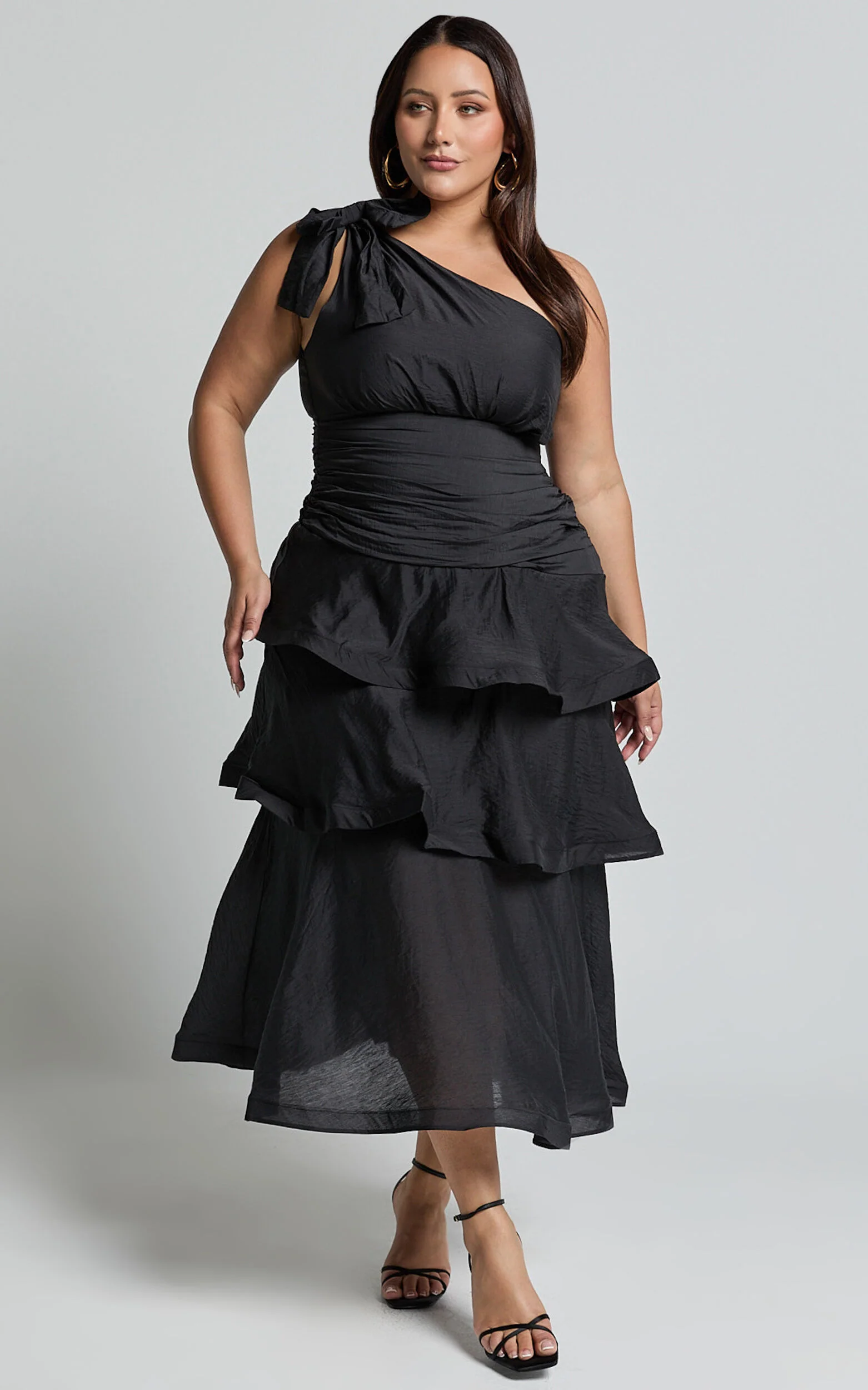 Eugenia Midi Dress - One Shoulder Fit and Flare Layered Dress in Black