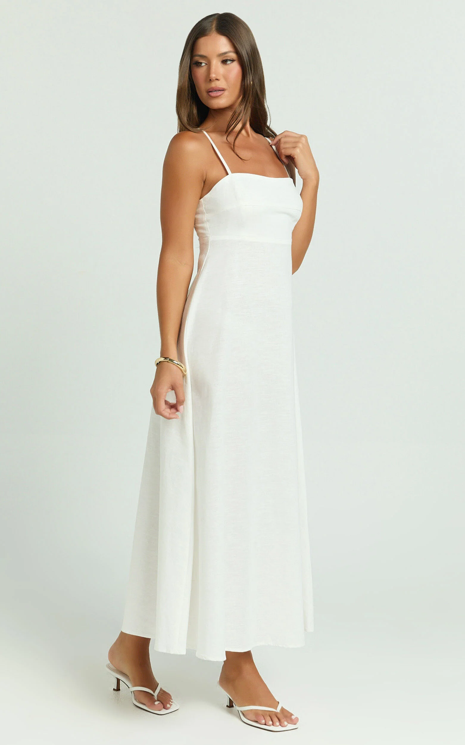 Brette Midi Dress - Linen Straight Neck Strappy Fit And Flare Dress in White