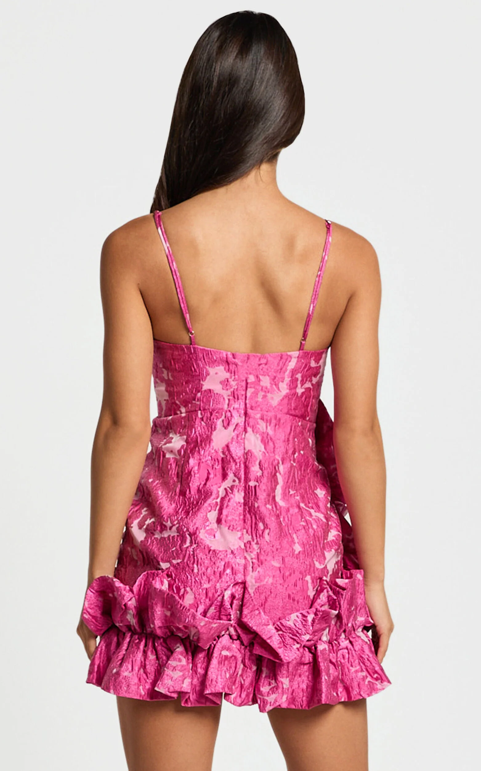 Arlette Mini Dress - Plunge Ruffle Detail Jacquard Dress in Pink