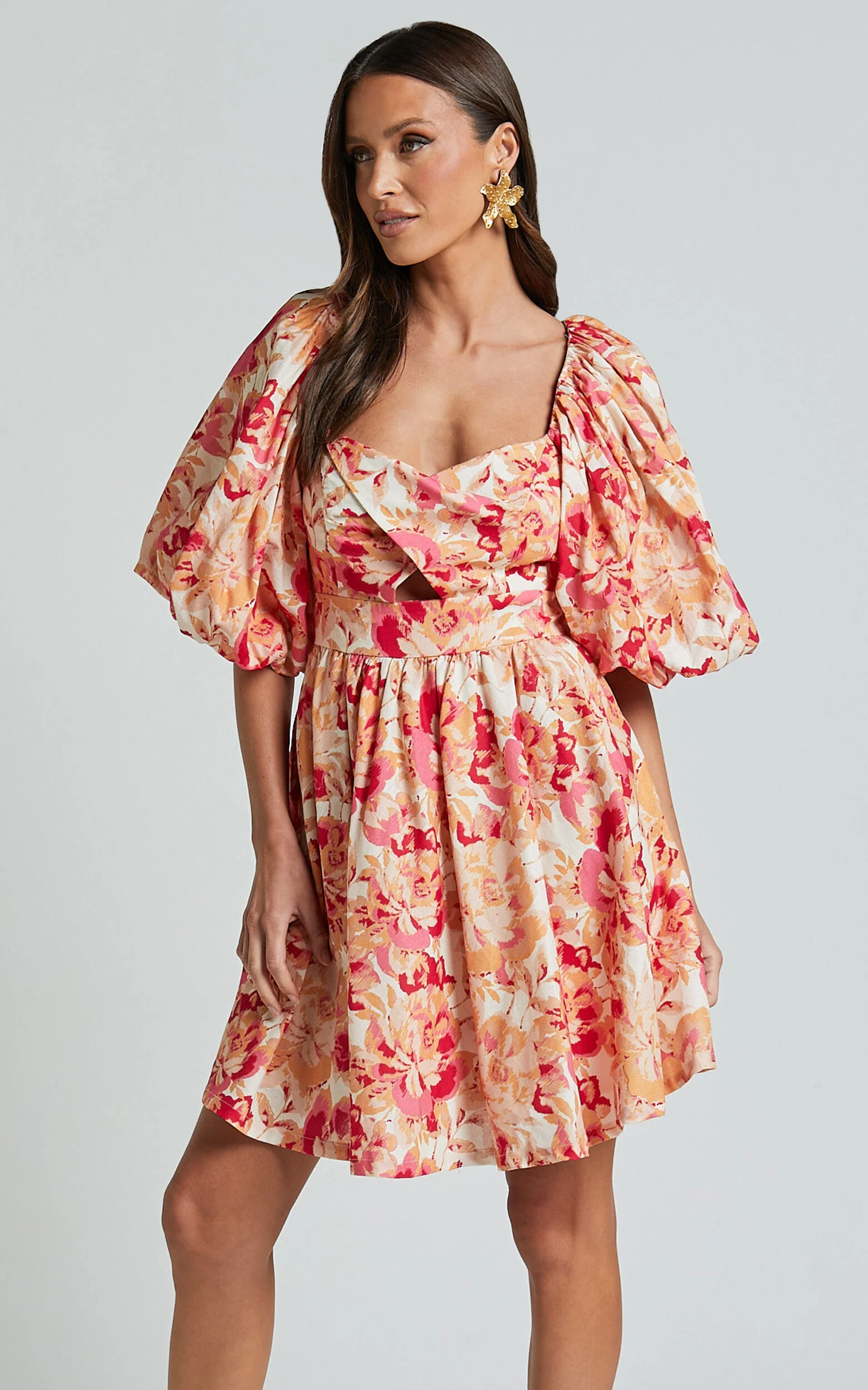 Amalie The Label - Penelopia Linen Look Blend Puff Sleeve Twist Bodice Mini Dress in Sienna Print