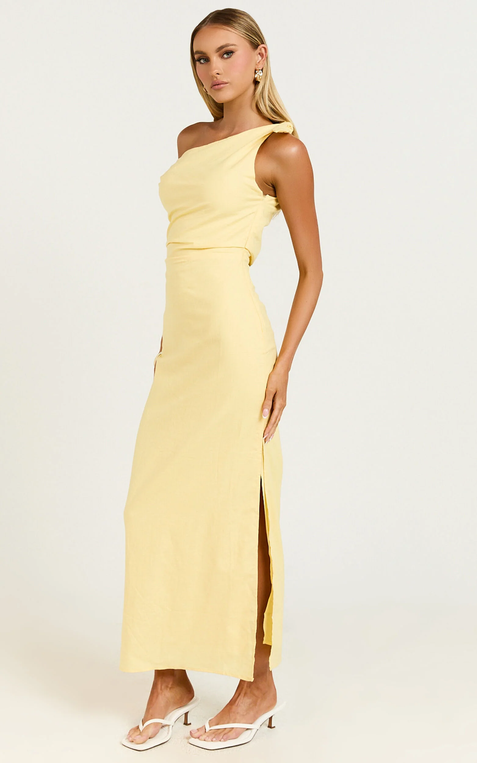 Cincinnati Midi Dress - Off The Shoulder Side Split Column Linen Dress in Lemon